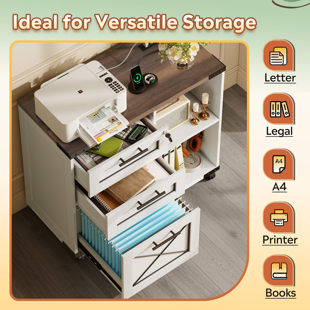 GALAXHERO 3-Drawer Locking File Cabinet, Wood Filing Cabinets with Charging Station, Rolling Printer Stand for Home Office