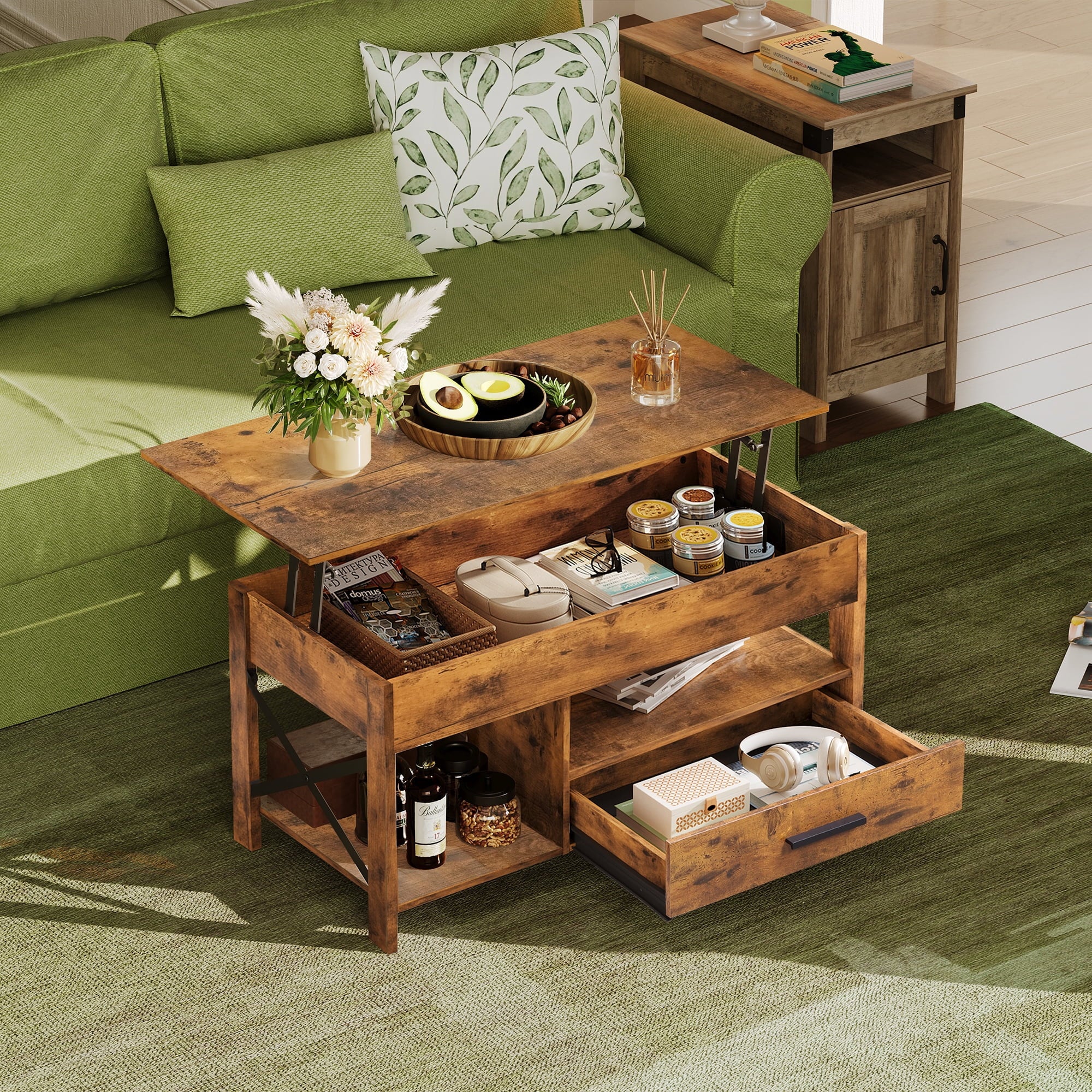 GALAXHERO Coffee Table, 39" Lift Top Coffee Table with Hidden Compartment, Storage Drawers and Storage Shelf for Living Room, Reception Room