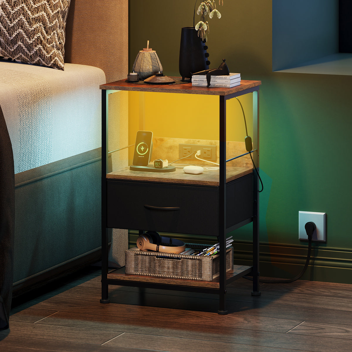 GALAXHERO LED Nightstand with Charging Station, Small Dresser with Drawer and Storage Shelfs for Bedroom