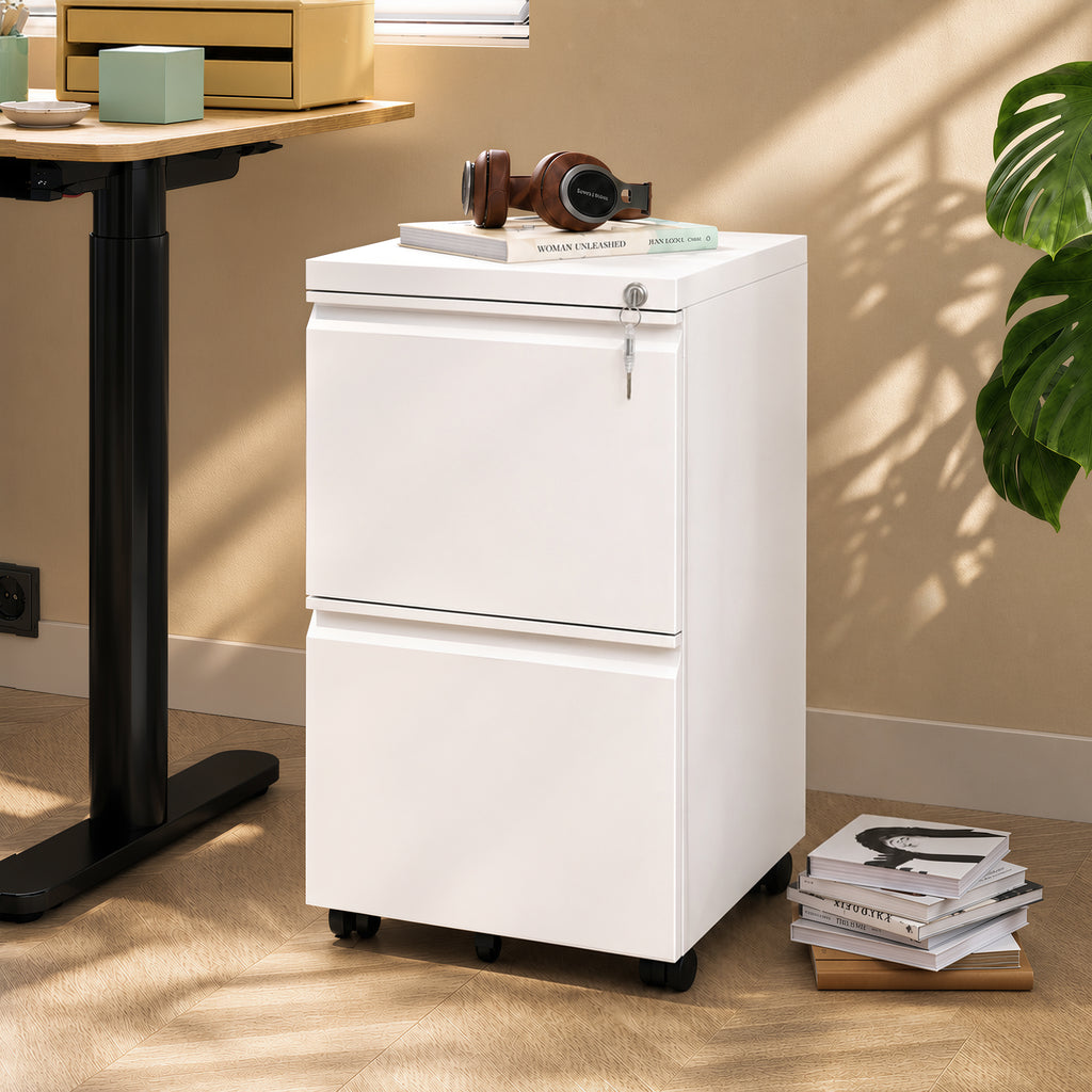 GALAXHERO 2 Drawer Metal File Cabinet with Lock, Fully Assembled Except Casters, Rolling Filing Cabinet for Home Office, Legal/Letter Size, White