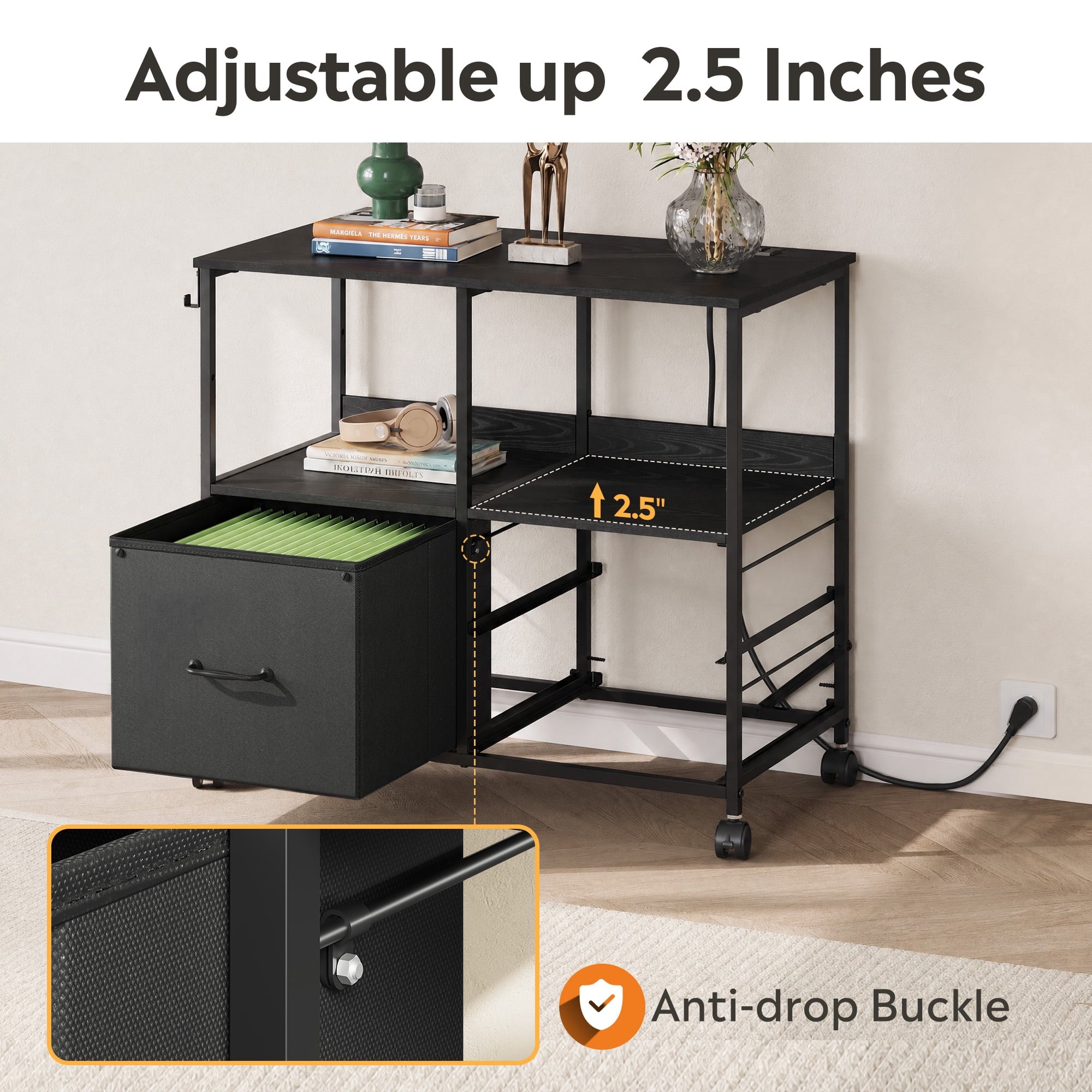 GALAXHERO 3 Drawer File Cabinet with Charging Station, Mobile Printer Stand with Storage Shelves, Filing Cabinet Furniture for Home Office, Fits Letter/A4