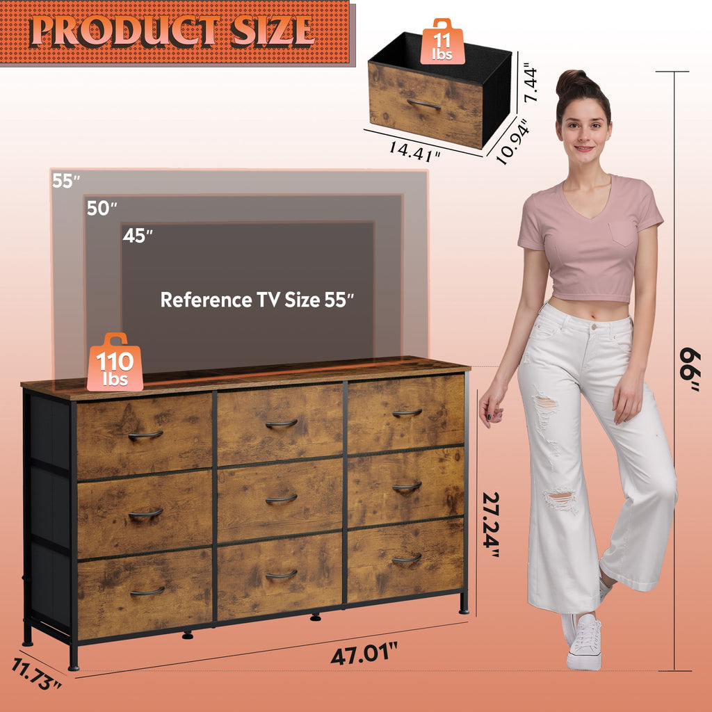 GALAXHERO Fabric Dresser for Bedroom, 9 Drawers Dresser with Wood Top, TV Stand for 55'' TV,  Chest of Drawers for Closet, Living Room,  47''W