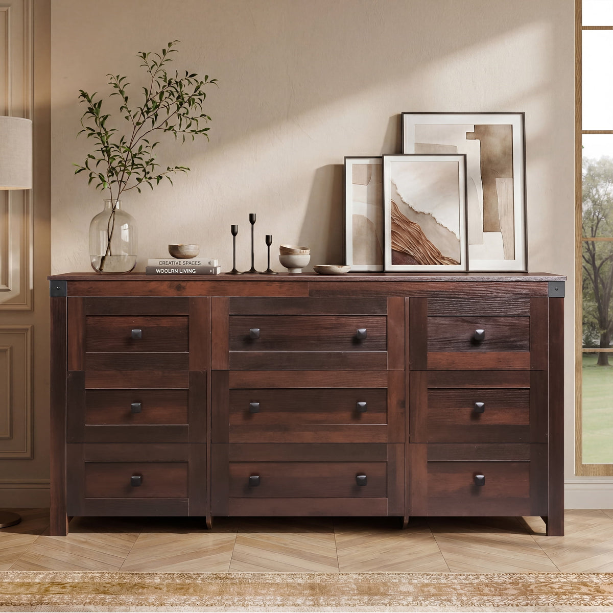 GALAXHERO Farmhouse 9 Drawer Wood Dresser, 63" Wide Storage Organizer with Double Rustic Handles, TV Stand for 70" TV, Chest of Drawers for Bedroom, Living Room