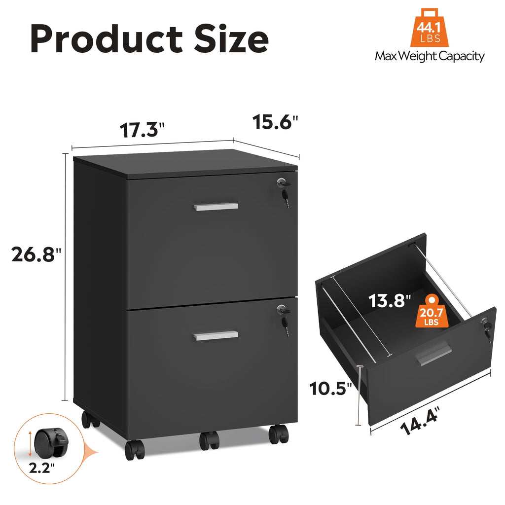 GALAXHERO 2 Drawer Filing Cabinet with Lock, Wooden Printer Stand with Storage for Home Office, Mobile Locking File Cabinet Fits Letter/A4 Hanging Files
