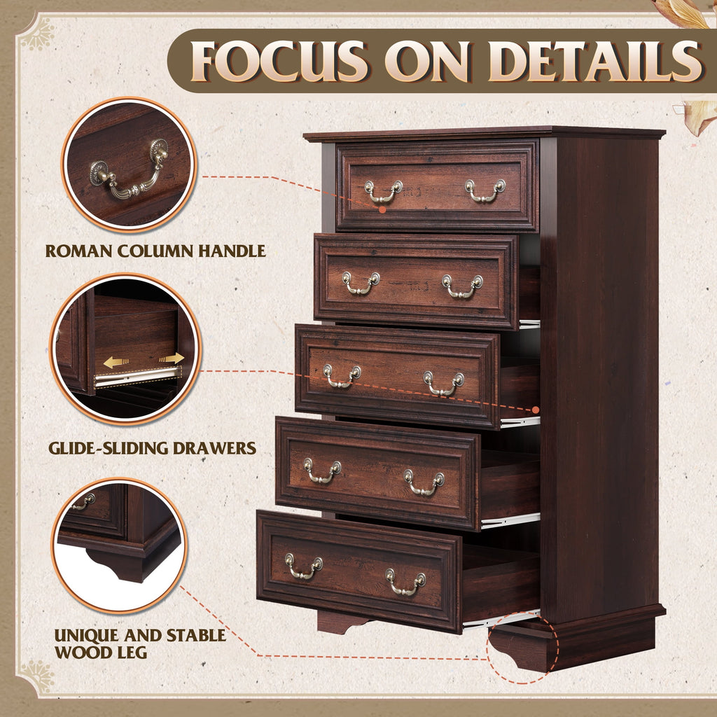 GALAXHERO Farmhouse 5 Drawers Dresser for Bedroom, Tall Wood Dresser with Roman Metal Handle, Chest of Drawers for Living Room, Hallway, Closet
