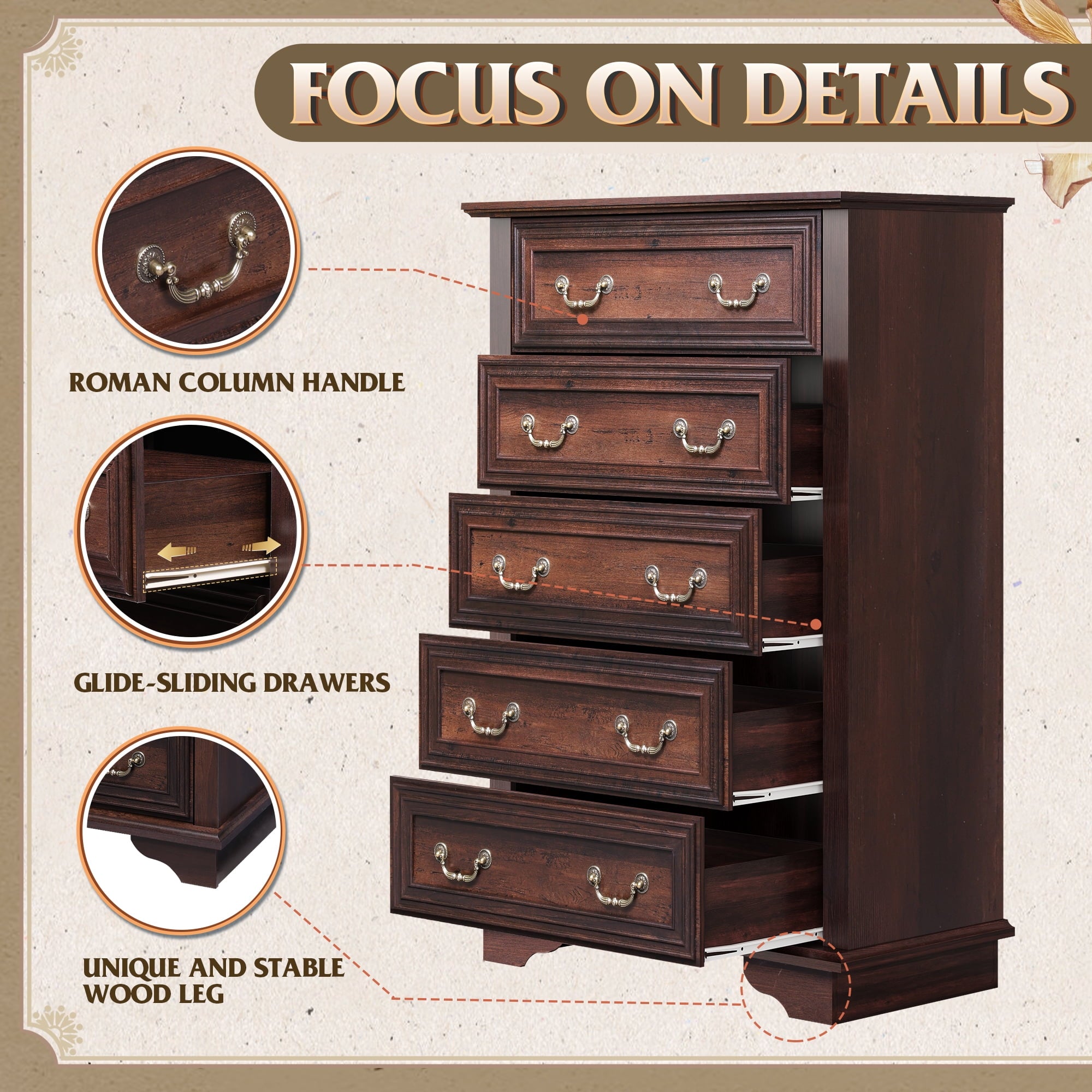 GALAXHERO Farmhouse 5 Drawers Dresser for Bedroom, Tall Wood Dresser with Roman Metal Handle, Chest of Drawers for Living Room, Hallway, Closet