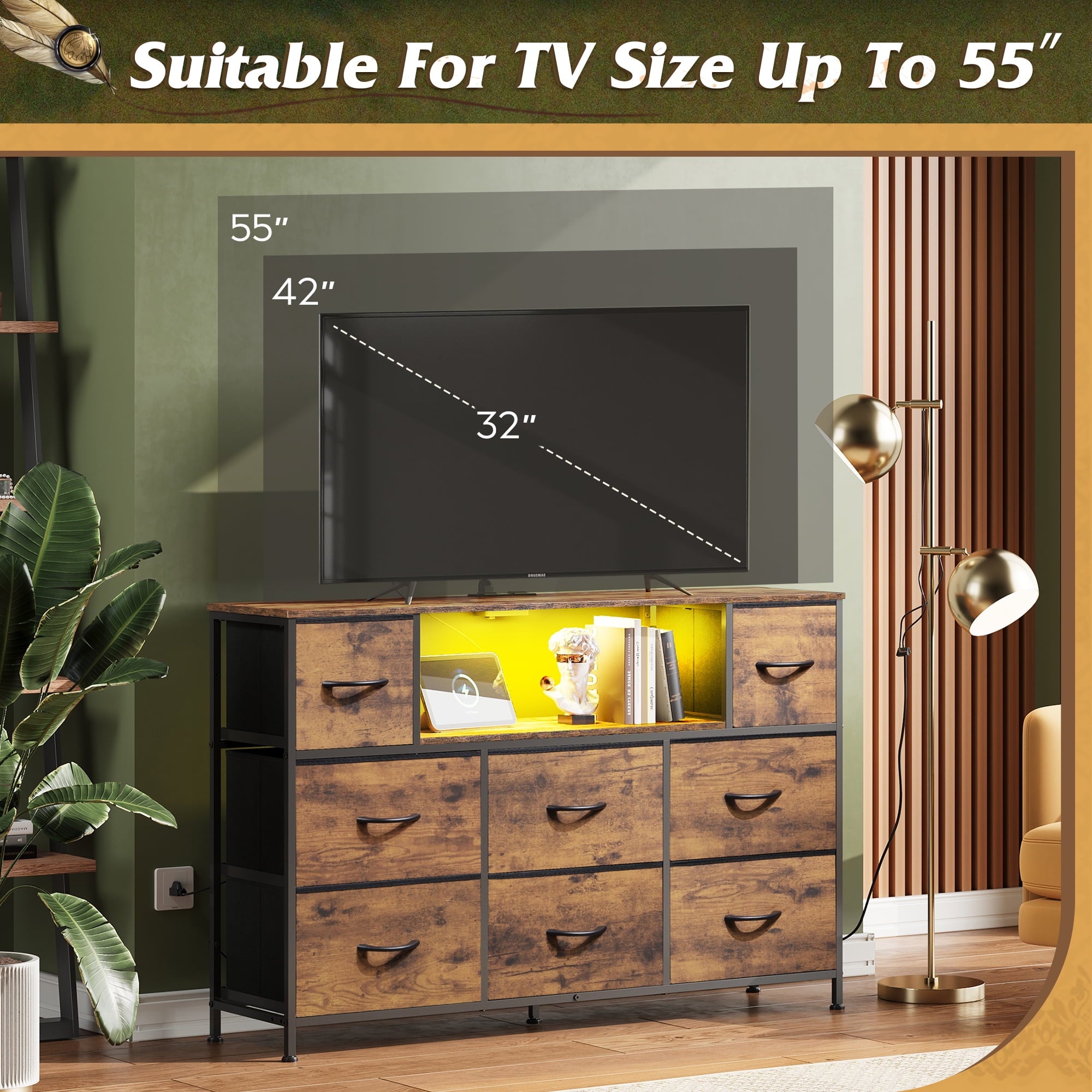 GALAXHERO 8-Drawer Large Dressers for Bedroom, TV Stand for 55'' TV with Charging Station and LED Lights