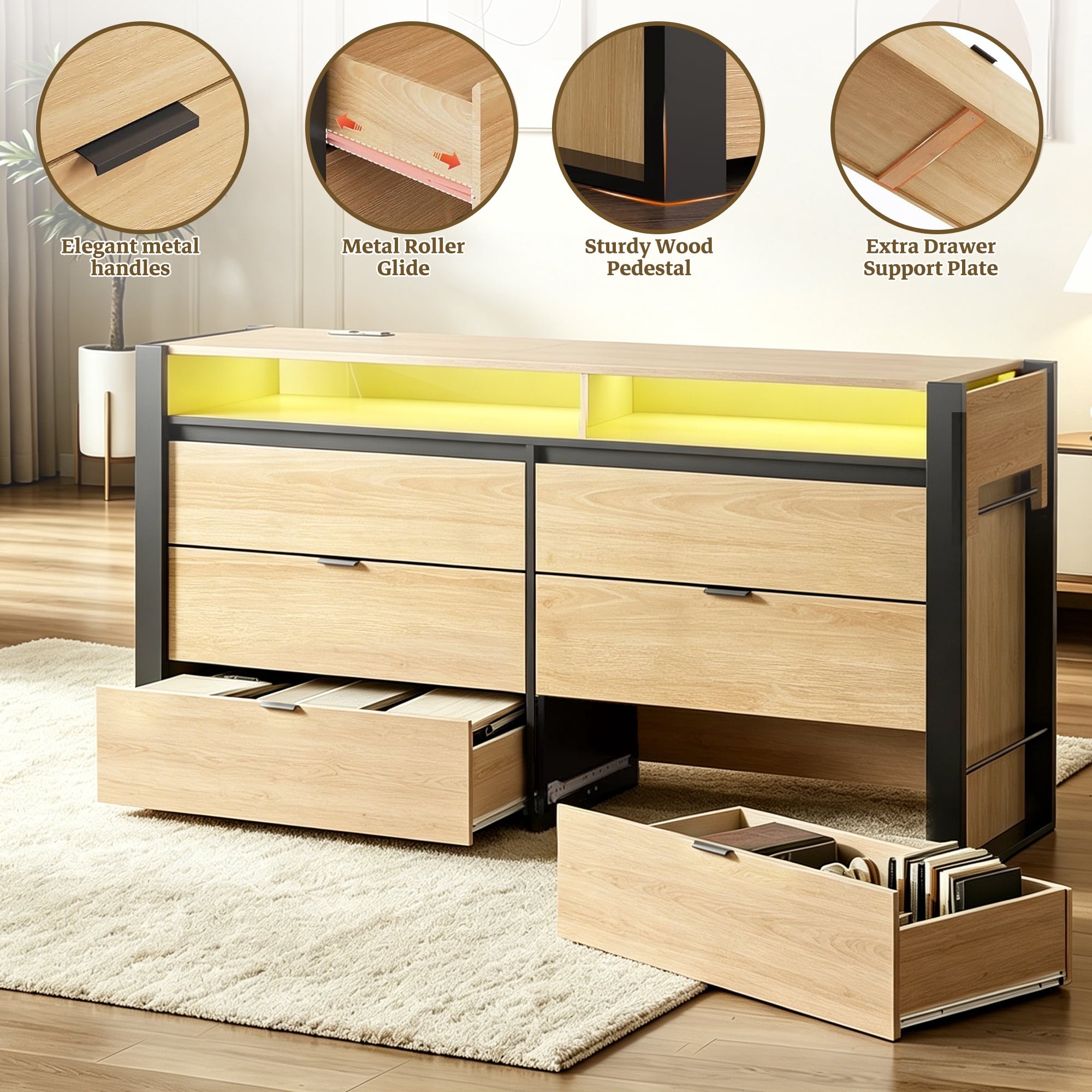 GALAXHERO 6 Drawer Dresser with LED Lights, Modern Dresser with Charging Station, Large Wood Chest of Drawers with Flexible Shelves and Hanging Rack for Bedroom, Closet, Living Room