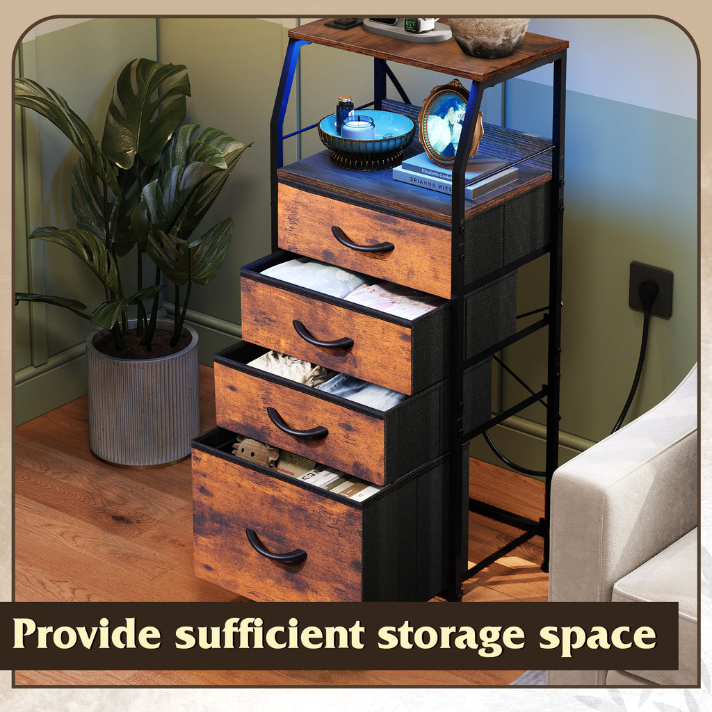 GALAXHERO 4 Drawer Dresser for Bedroom, Nightstand with Charging Station and LED, Tall Bedside Table with Storage Shelfs