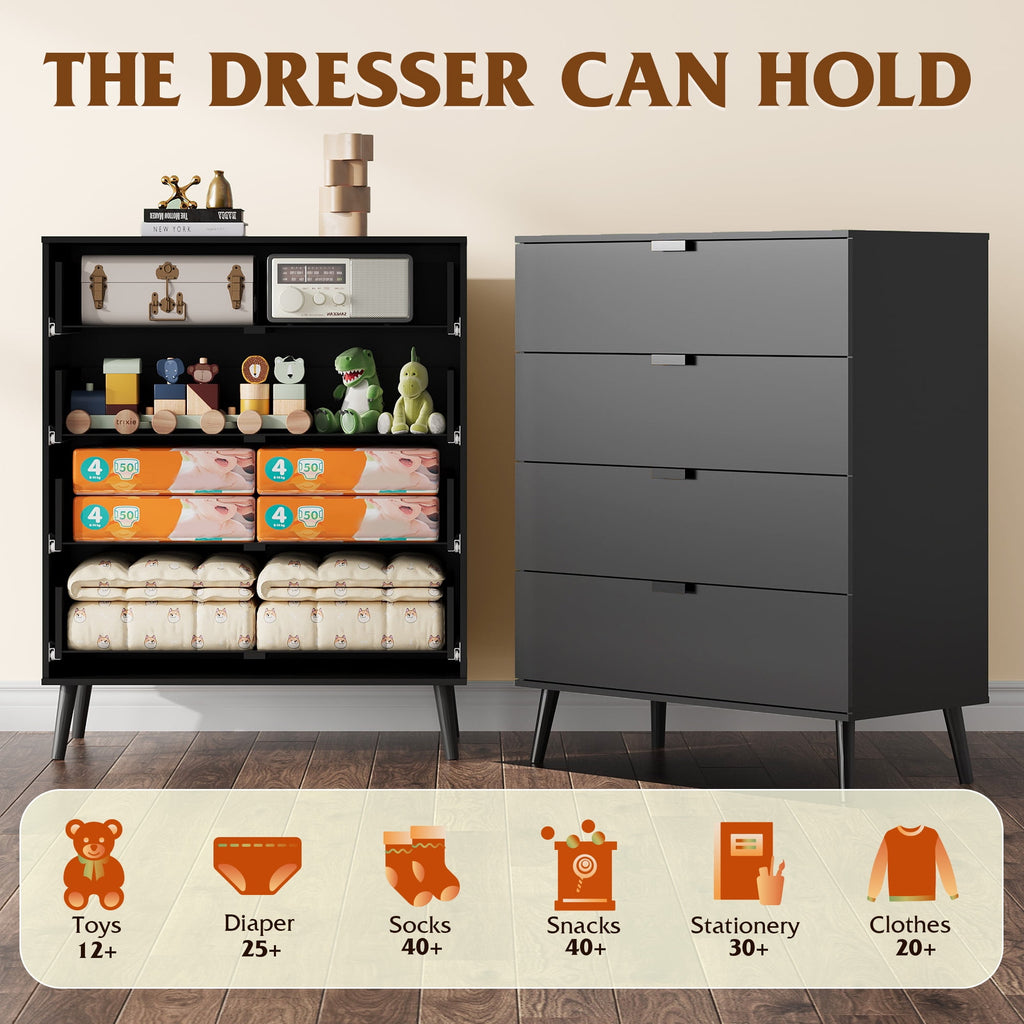 GALAXHERO 4 Drawer Dresser for Bedroom, Wood Chest of Drawers, Organizer Unit with Metal Handle for Living Room, Closet, Hallway