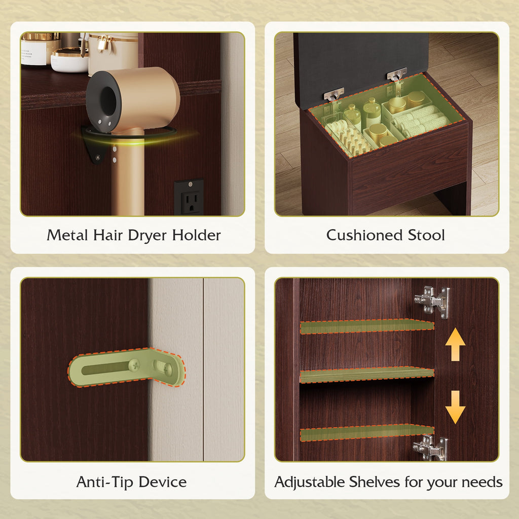 GALAXHERO Farmhouse Vanity Desk, Makeup Table Set with Mirror and Lights, Dressing Table with 2 Drawers and 2 Cabinets, Hair Dryer Holder for Bedroom