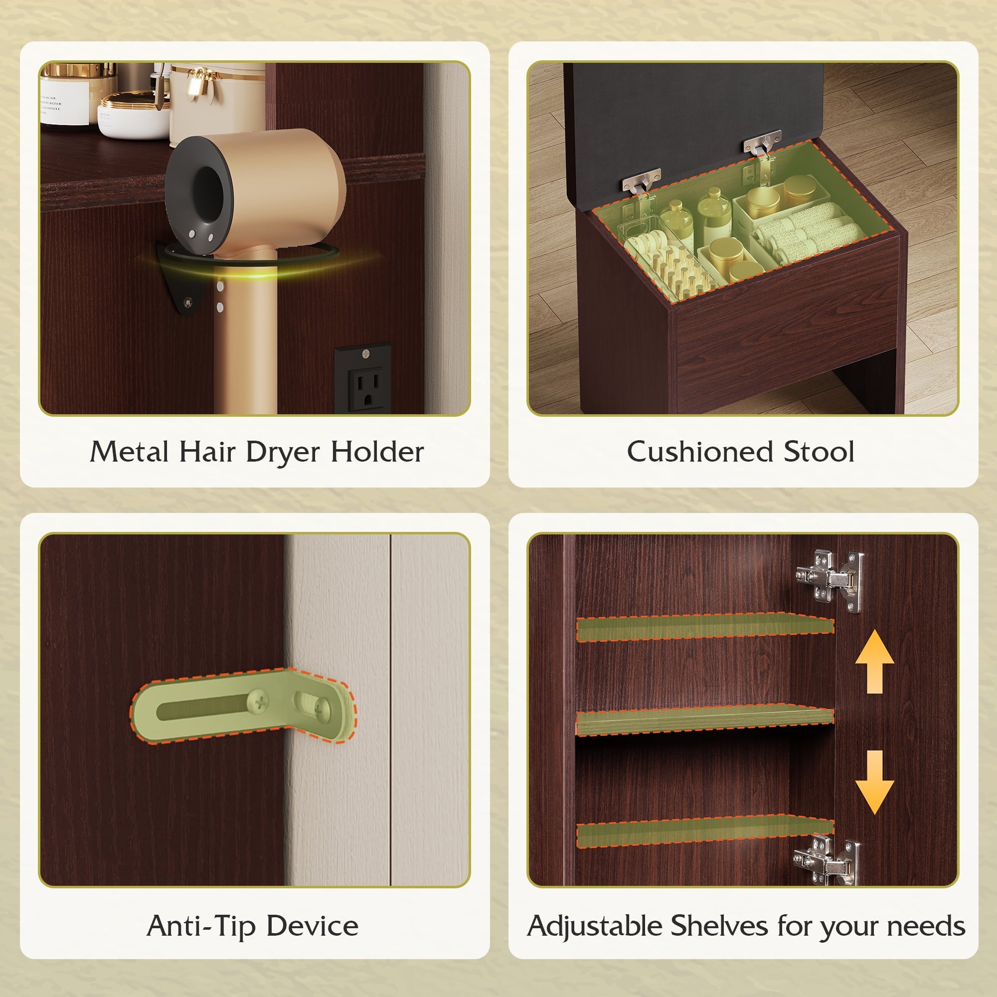 GALAXHERO Farmhouse Vanity Desk, Makeup Table Set with Mirror and Lights, Dressing Table with 2 Drawers and 2 Cabinets, Hair Dryer Holder for Bedroom