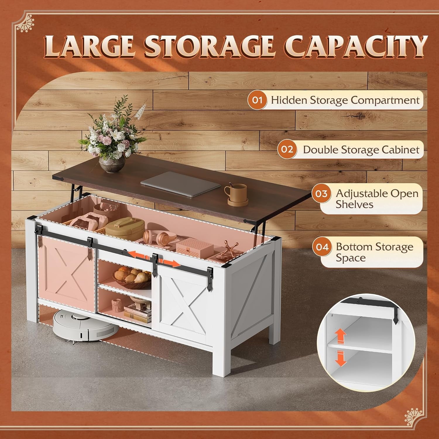 GALAXHERO 47.3" Farmhouse Lift Top Coffee Table with Sliding Barn Doors, Large Hidden Storage Compartment and Adjustable Shelf for Living Room, Office
