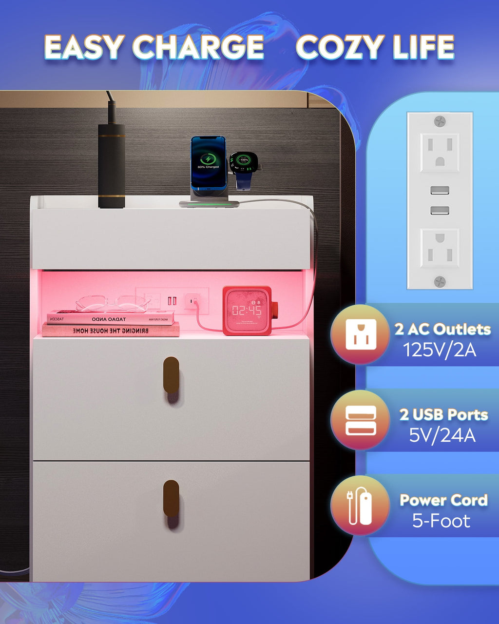 GALAXHERO Nightstand Set of 2 with Charging Station and LED Lights, 2 Drawer Bedside Tables with Sliding Top for Bedroom, Modern End Table for Living Room