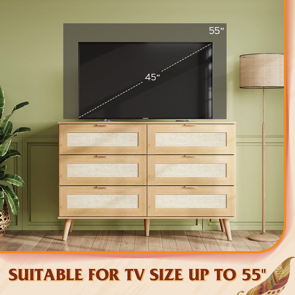 GALAXHERO Rattan Dresser for Bedroom, 6 Drawer 47.24'' Wide Boho Wood Dresser, Chest of Drawers, TV Stand for 55 inch TV, Storage Cabinet for Living Room, Gold Metal Handle, Hallway, Light Oak