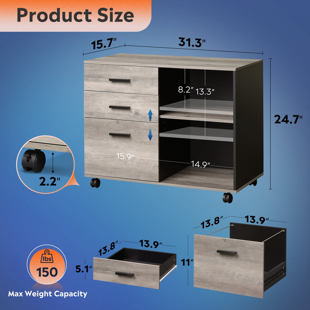 GALAXHERO 3-Drawer Filing Cabinet, Mobile Lateral File Cabinet, Printer Stand with Open Shelves, Wood Office Cabinet