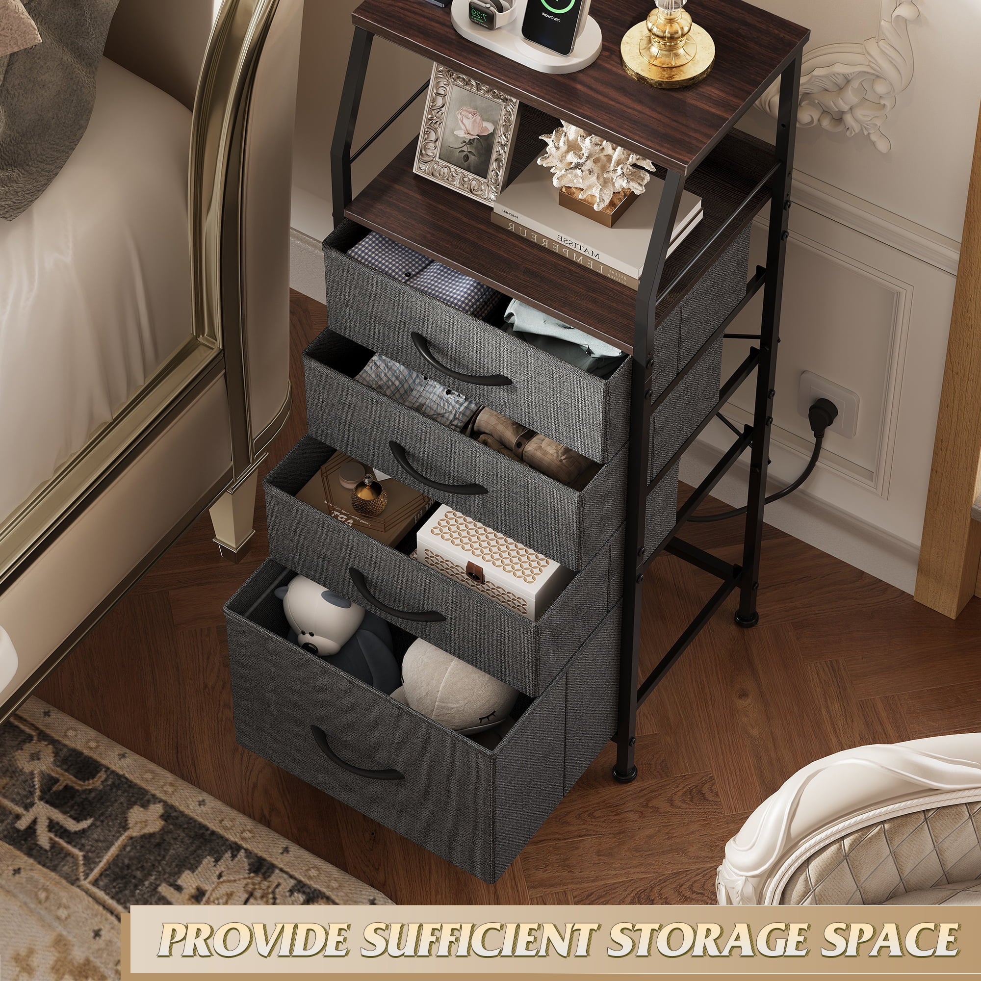 GALAXHERO 4 Drawer Dresser for Bedroom, Nightstand with Charging Station and LED, Tall Bedside Table with Storage Shelfs