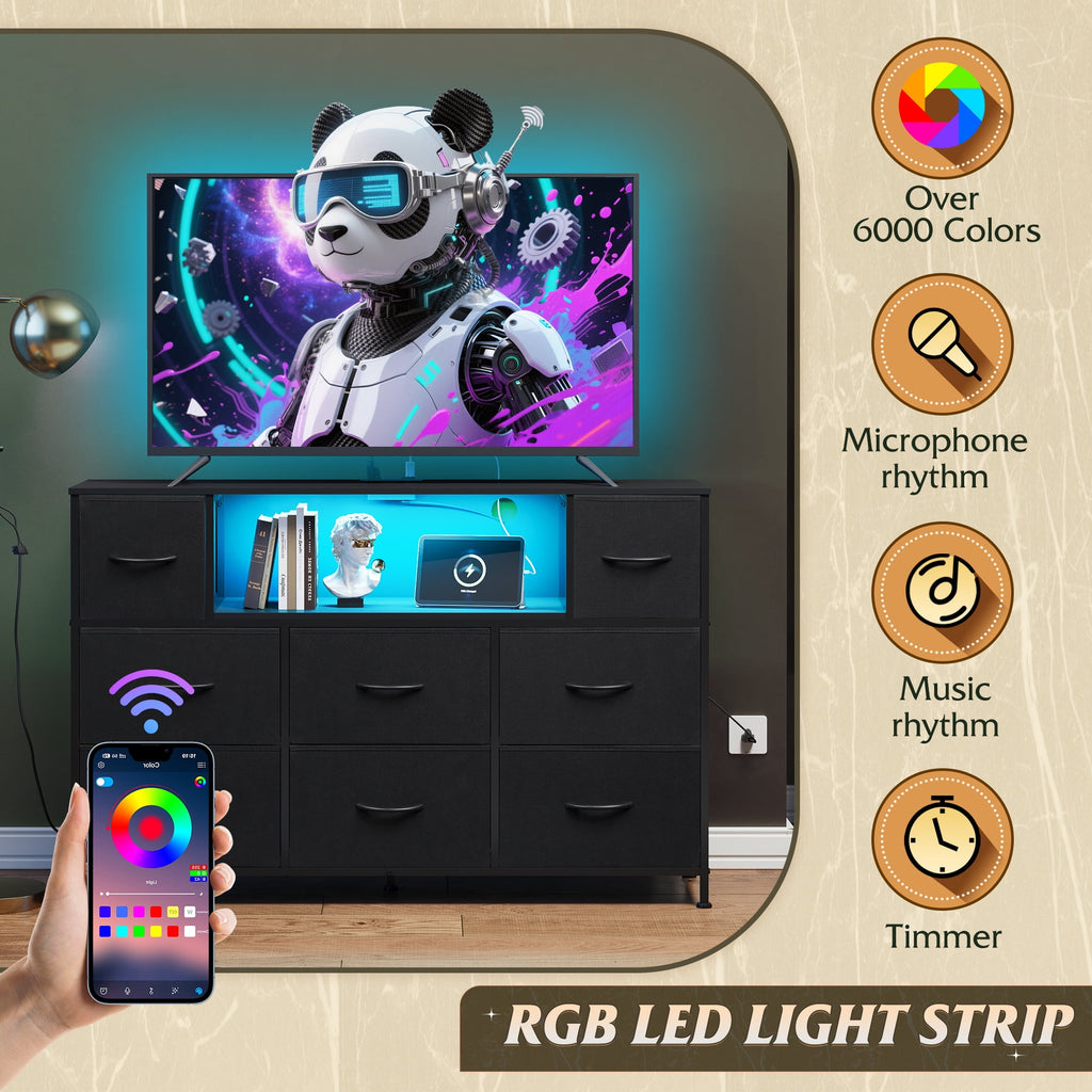 GALAXHERO 8-Drawer Dressers for Bedroom, TV Stand for 55'' TV with Charging Station and LED Lights