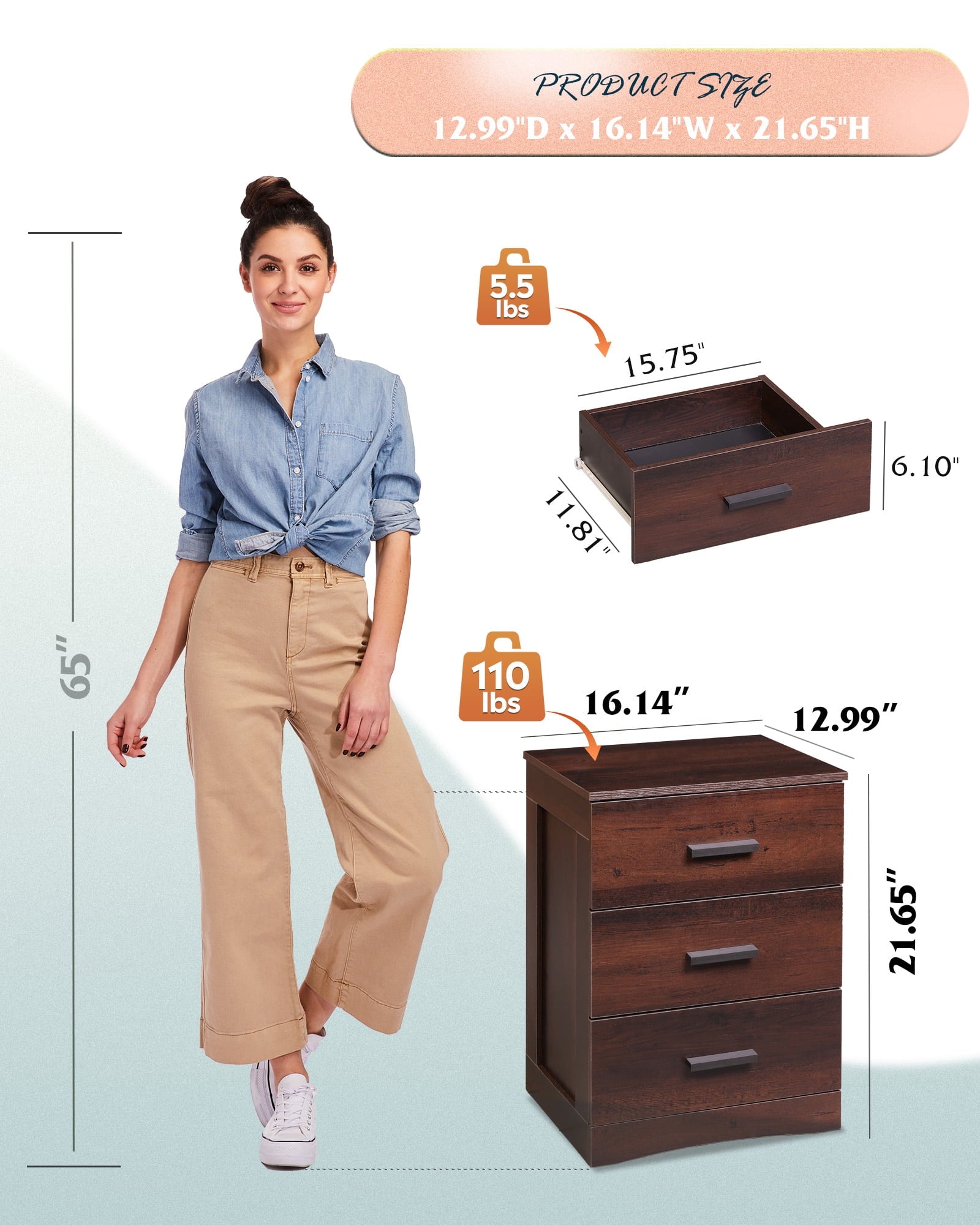GALAXHERO 3 Drawer Night Stands for Bedroom, Tall Nightstand with Storage Cabinets, Wooden Bedside Table End Table for Living Room