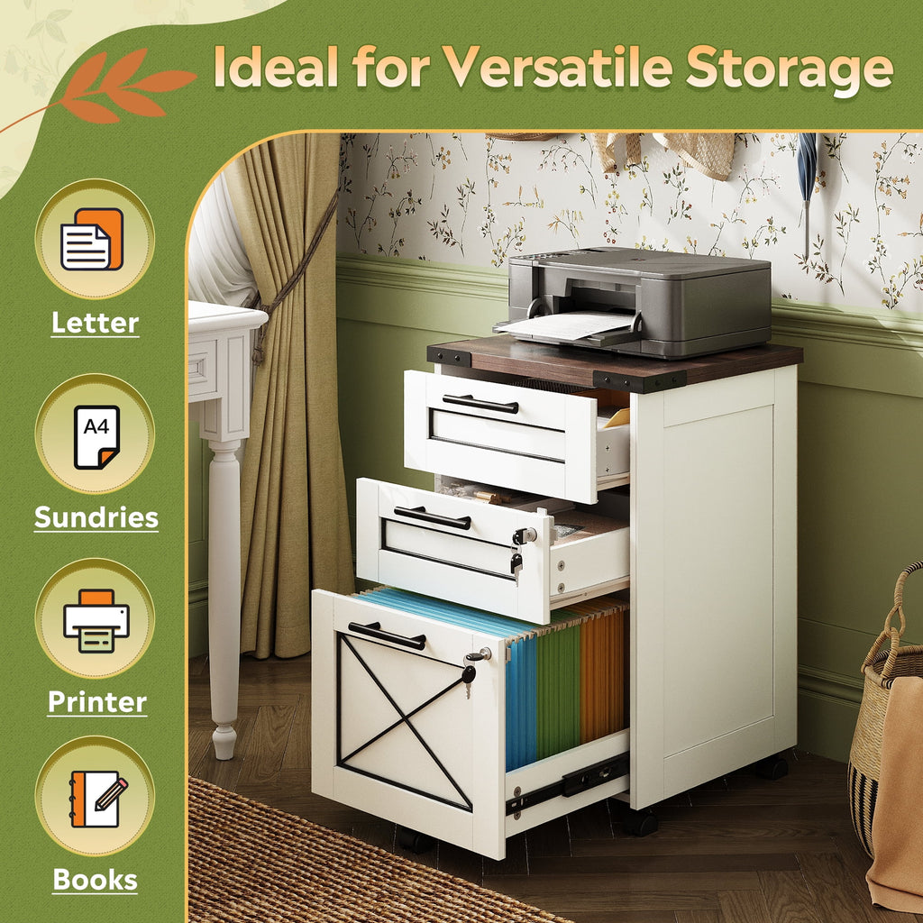 GALAXHERO File Cabinet 3 Drawers with Lock, Under Desk Filing Cabinets, Mobile Printer Stand for Home Office, Wood Storage Organizer Fit Letter/A4 Size