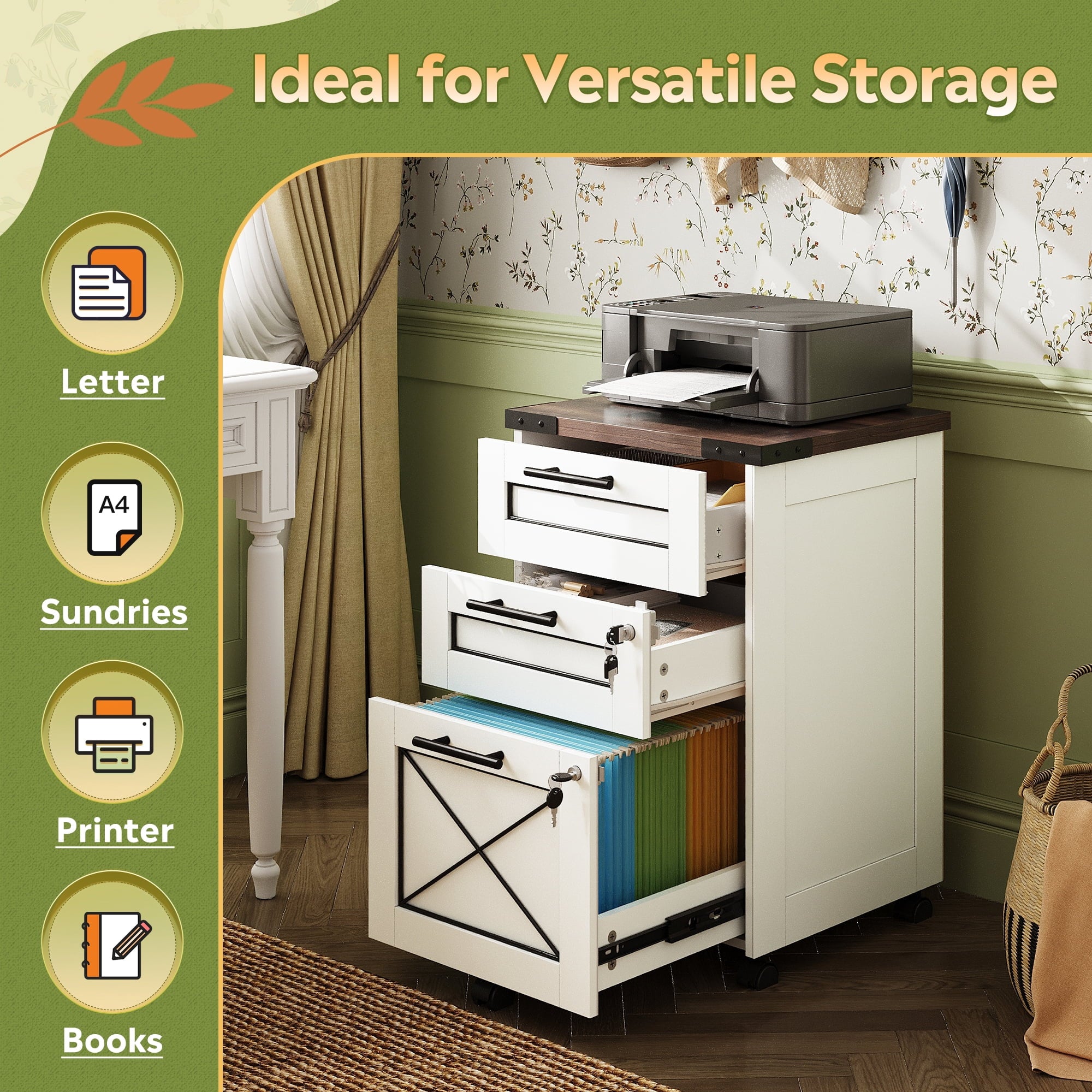 GALAXHERO File Cabinet 3 Drawers with Lock, Under Desk Filing Cabinets, Mobile Printer Stand for Home Office, Wood Storage Organizer Fit Letter/A4 Size