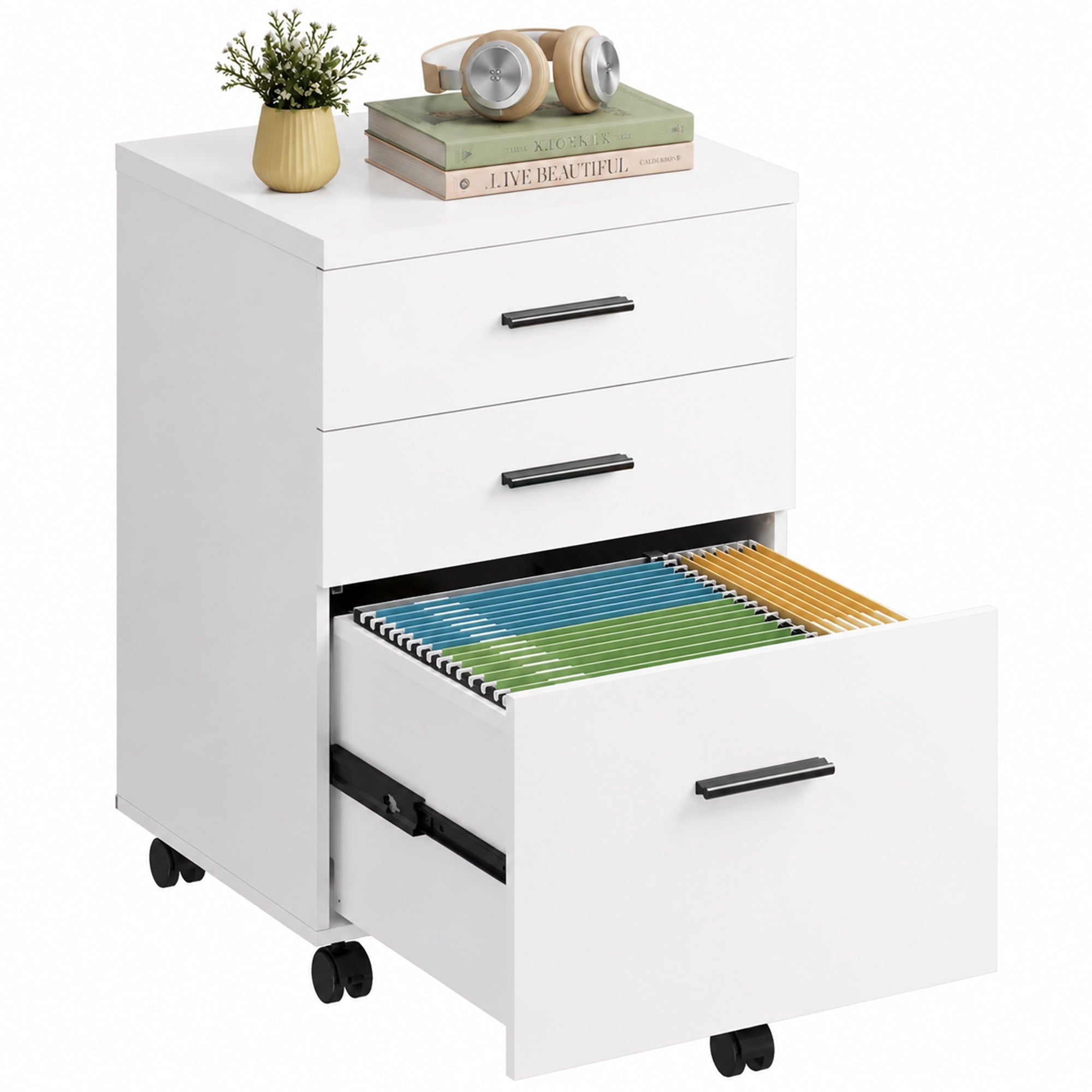 GALAXHERO 3 Drawer Storage Cabinet, Wood Rolling File Cabinet with Whells, Printer Stand Filing Cabinet for Home Office, Fit Letter/A4/Legal