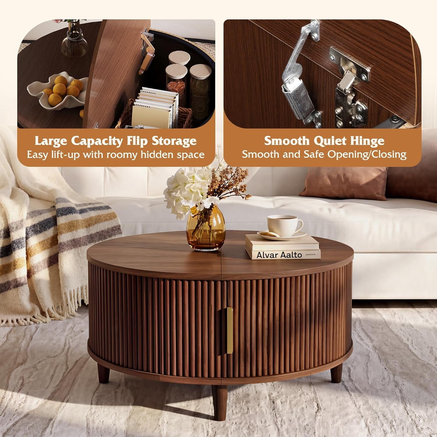 GALAXHERO Coffee Table, 31.5" Round Coffee Tables with Storage and Sliding Cabinet Door, Mid Century Modern Fluted Center Table for Living Room, Small Space