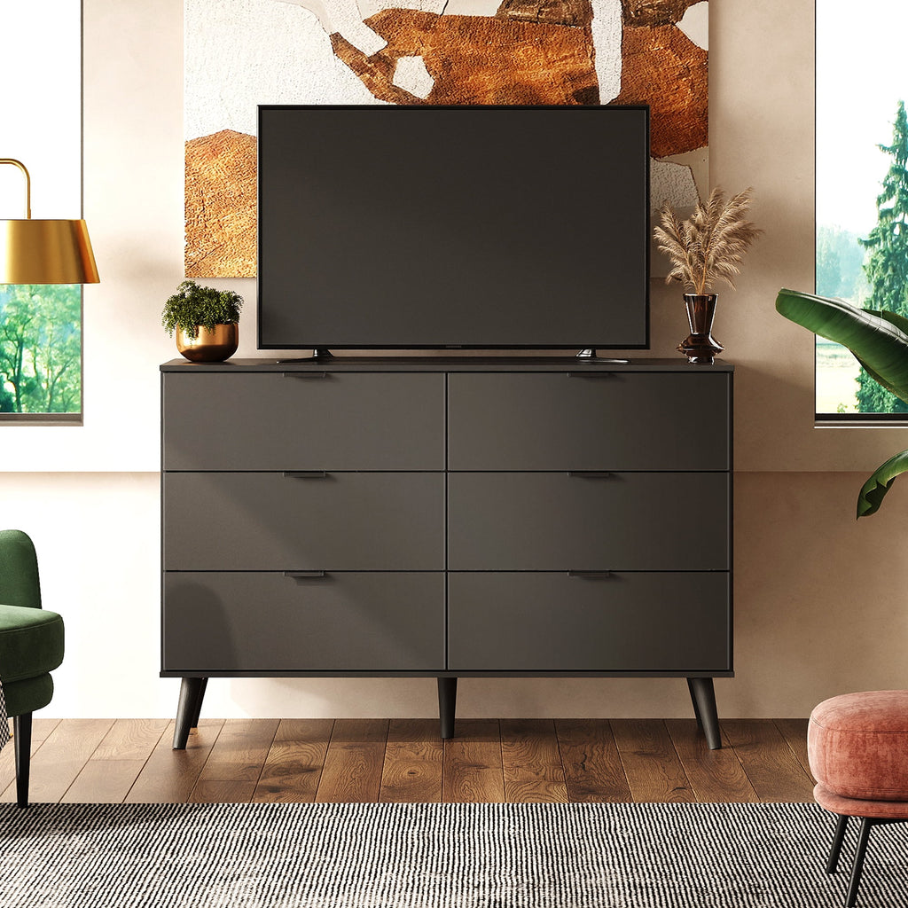 GALAXHERO 6 Drawer Wood Dresser, 47.2" Wide Chest of Drawer with Metal Handles, TV Stand for 55" TV, Double Dresser for Bedroom, Living Room, Hallway, Closet