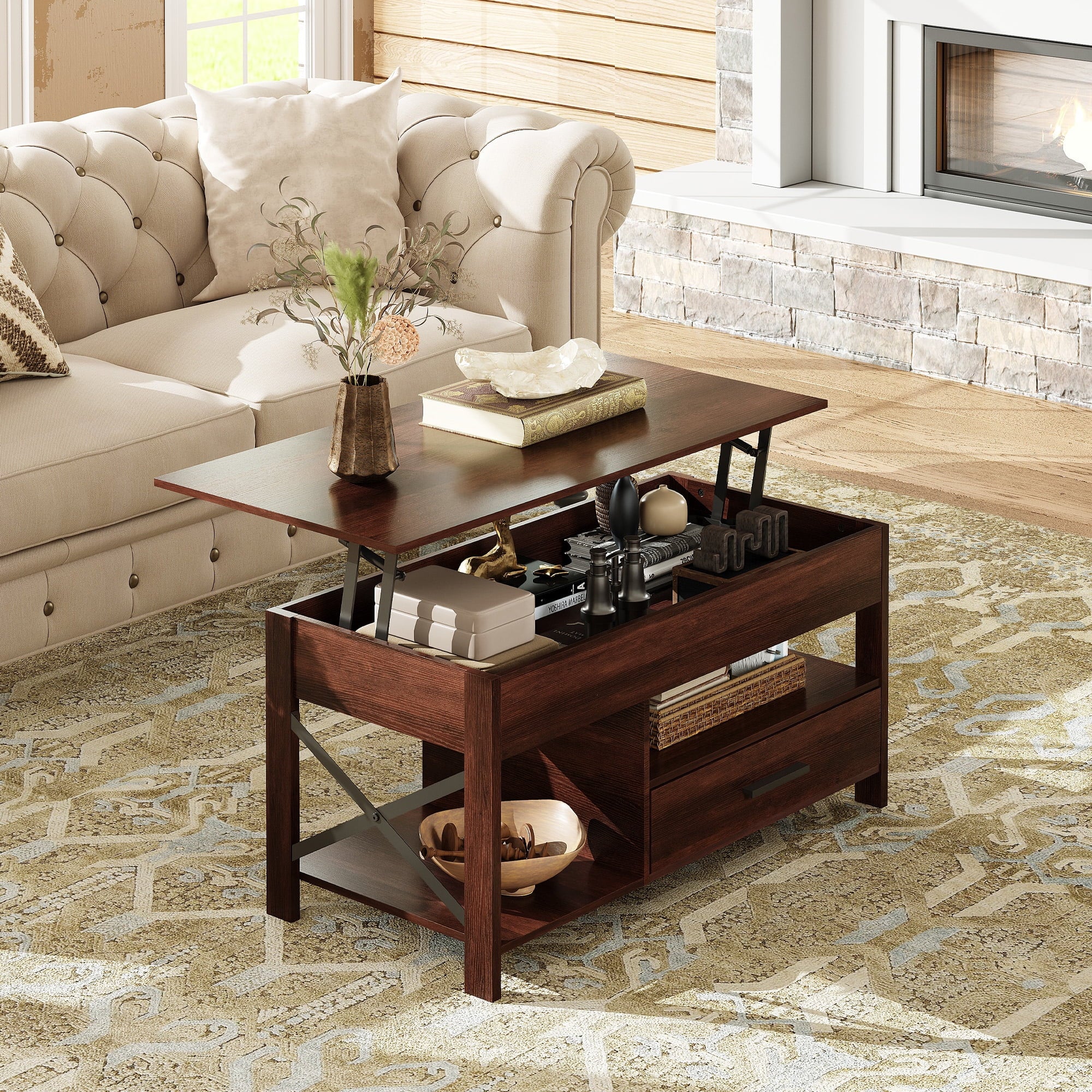 GALAXHERO Coffee Table, 39" Lift Top Coffee Table with Hidden Compartment, Storage Drawers and Storage Shelf for Living Room, Reception Room