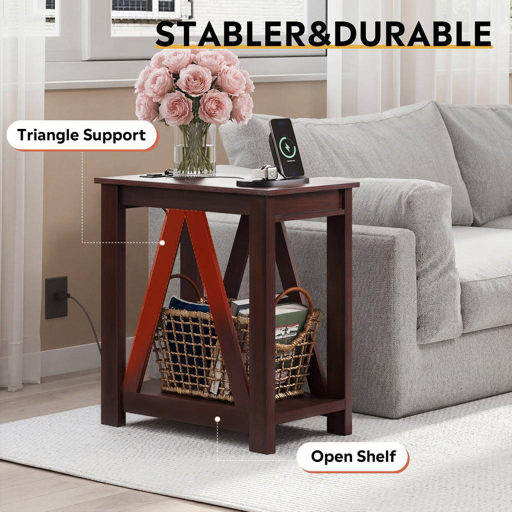 GALAXHERO Narrow End Table with Charging Station and Open Storage Shelf Sofa Side Table with 2 USB Ports and 2 Power Outlets, Slim Farmhouse End Table for Small Spaces, Bedroom, Living Room