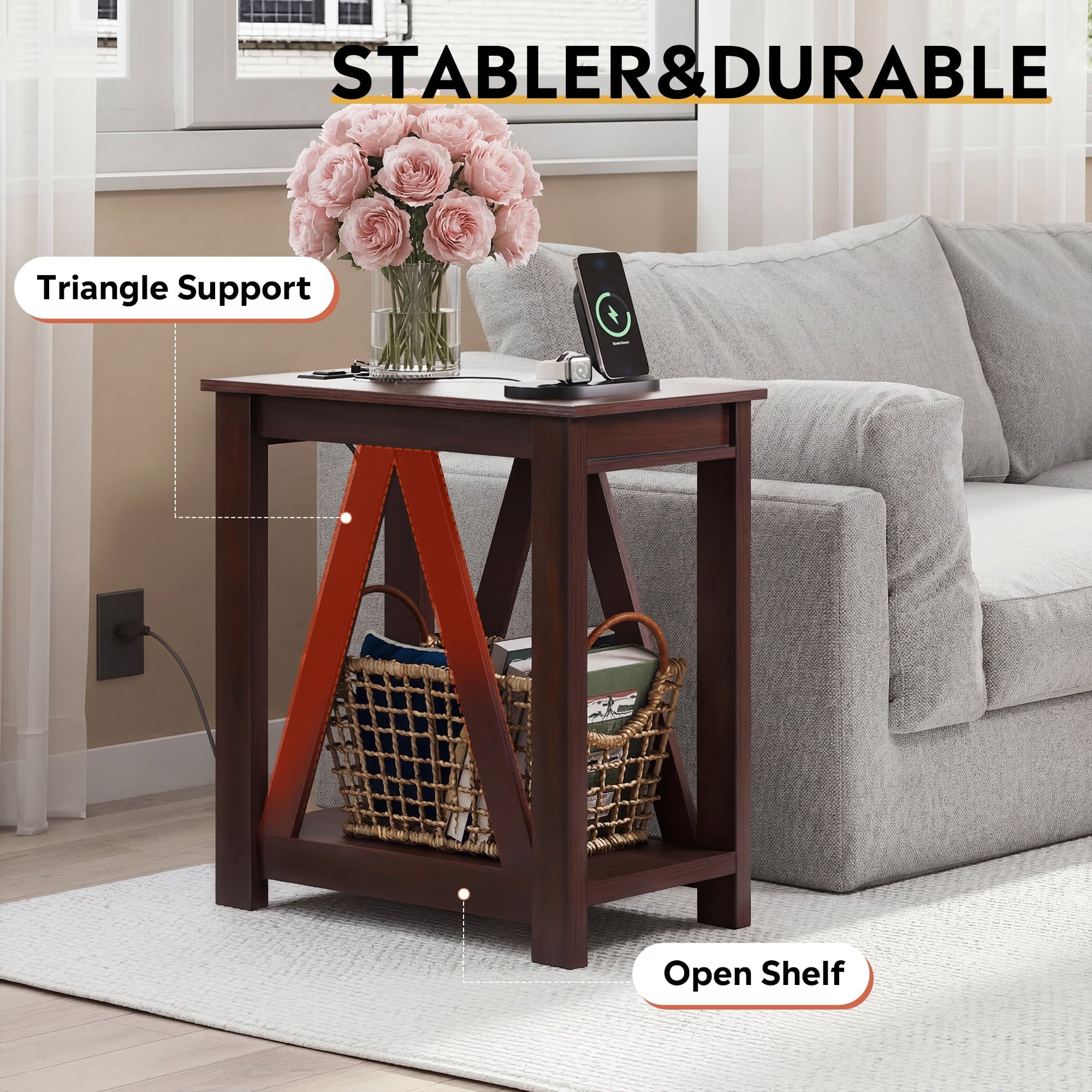 GALAXHERO Narrow End Table with Charging Station and Open Storage Shelf Sofa Side Table with 2 USB Ports and 2 Power Outlets, Slim Farmhouse End Table for Small Spaces, Bedroom, Living Room