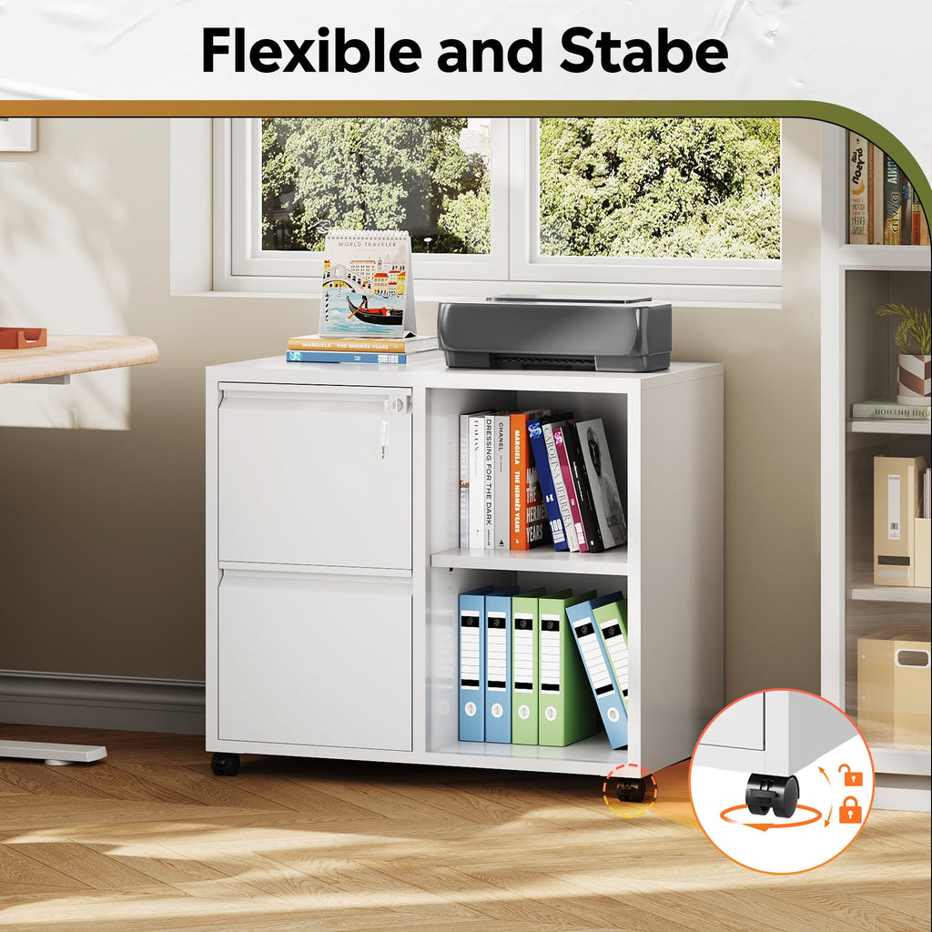 GALAXHERO 2 Drawer File Cabinet with Lock, Metal Filing Cabinet for Home Office, Rolling Printer Stand with Adjustable Shelf, Fit Letter/A4/Legal Size Files, White