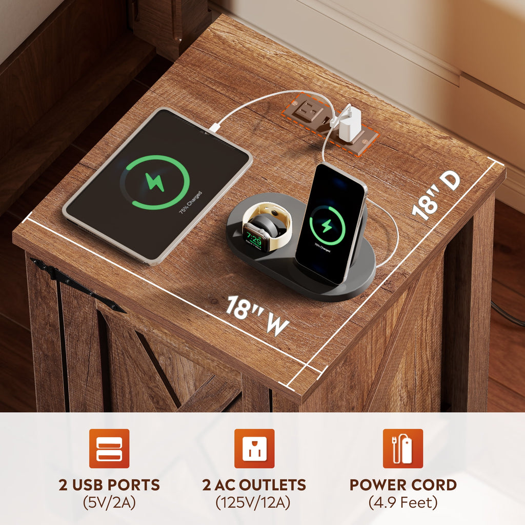 GALAXHERO Nightstand with Charging Station, Farmhouse Narrow Side Table with Barn Door, Wooden Bedside Table for Bedroom, End Tables for Living Room