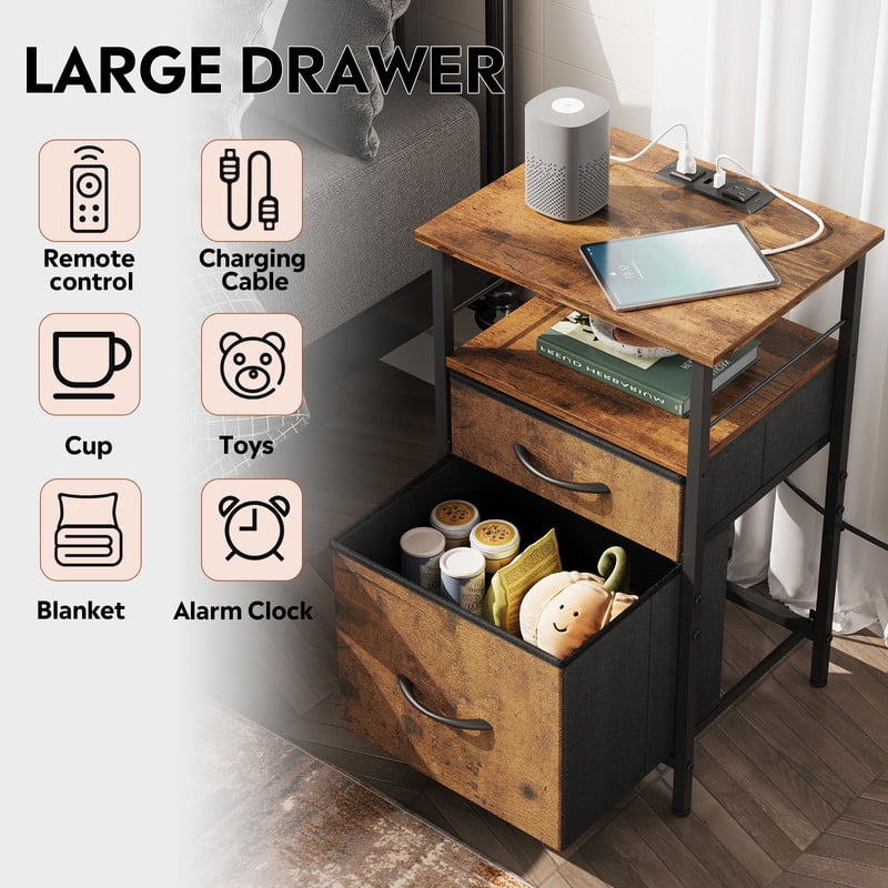 GALAXHERO Nightstands Set of 2, Bed Side Table with Charging Station, End Table with 2 Fabric Drawers for Bedroom, Closet, Dorm