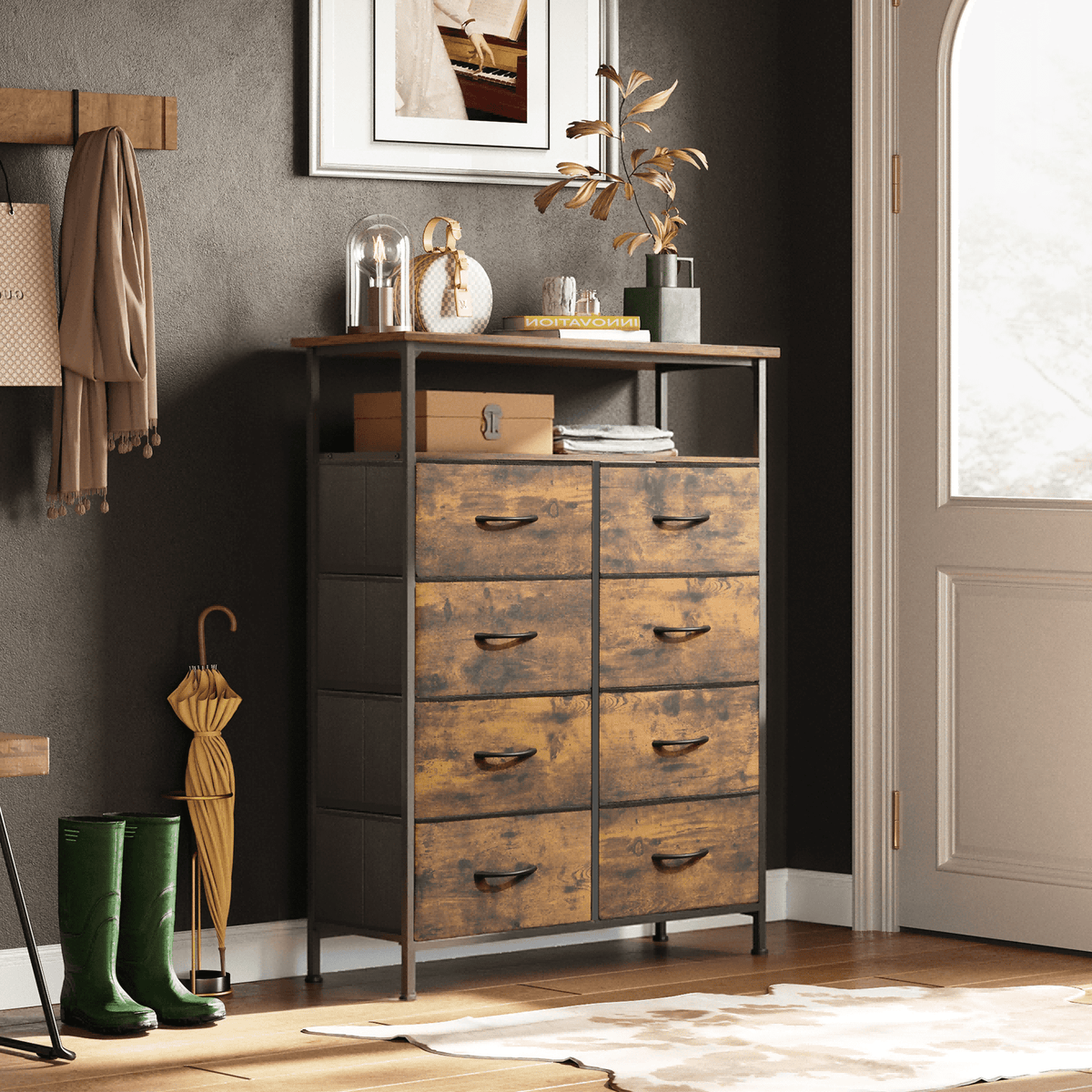 GALAXHERO 8 Drawer Dresser for Bedroom, Open Storage Shelves, Wooden Top, Fabric Bins for Closet, Living Room, Hallway