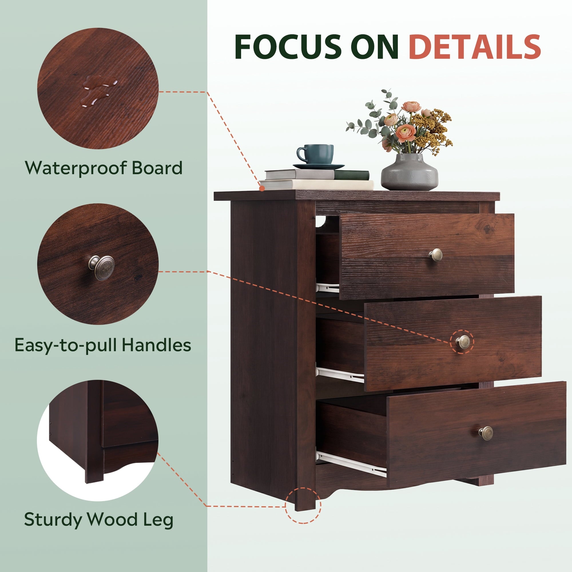 GALAXHERO Tall  Nightstand with Charging Station and 3 Drawers, Wood Bedside End Table with 2 USB Ports & 2 AC Outlets for Bedroom Living Room Dorm