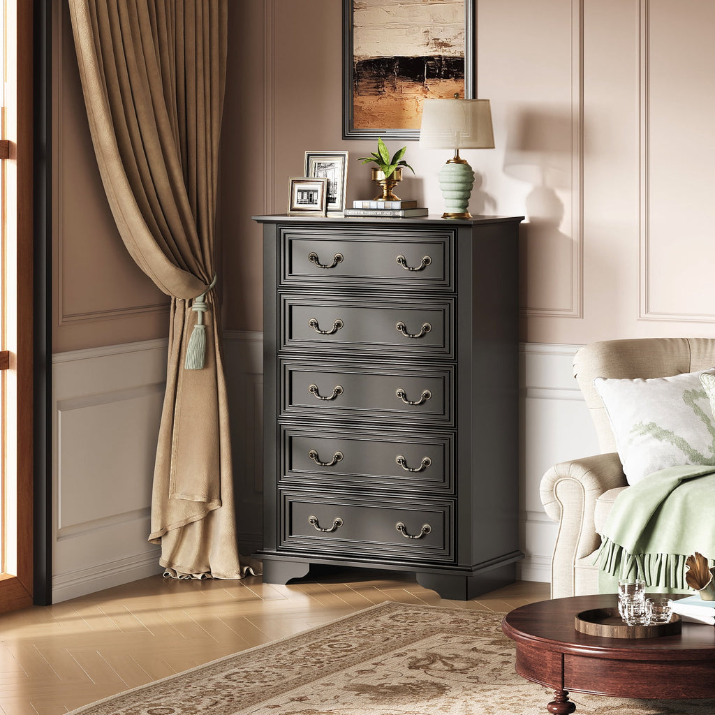GALAXHERO Farmhouse 5 Drawers Dresser for Bedroom, Tall Wood Dresser with Roman Metal Handle, Chest of Drawers for Living Room, Hallway, Closet