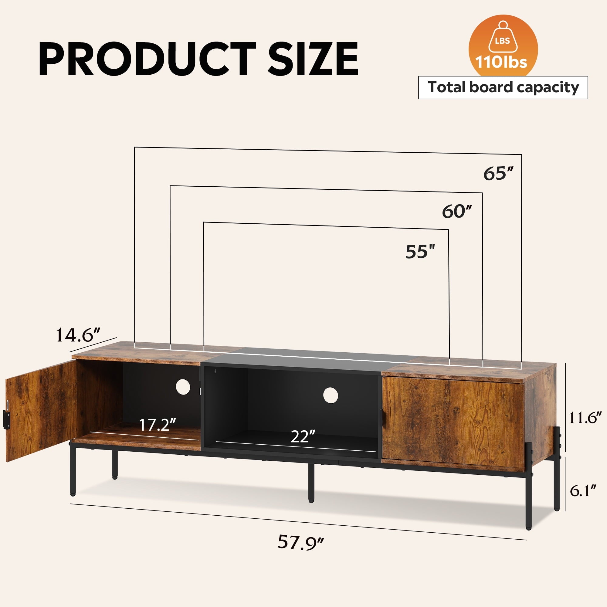 GALAXHERO TV Stand Modern Entertainment Center with Storage Cabinets and Metal Legs for Bedroom and Living Room, TV Console, 65 Inch