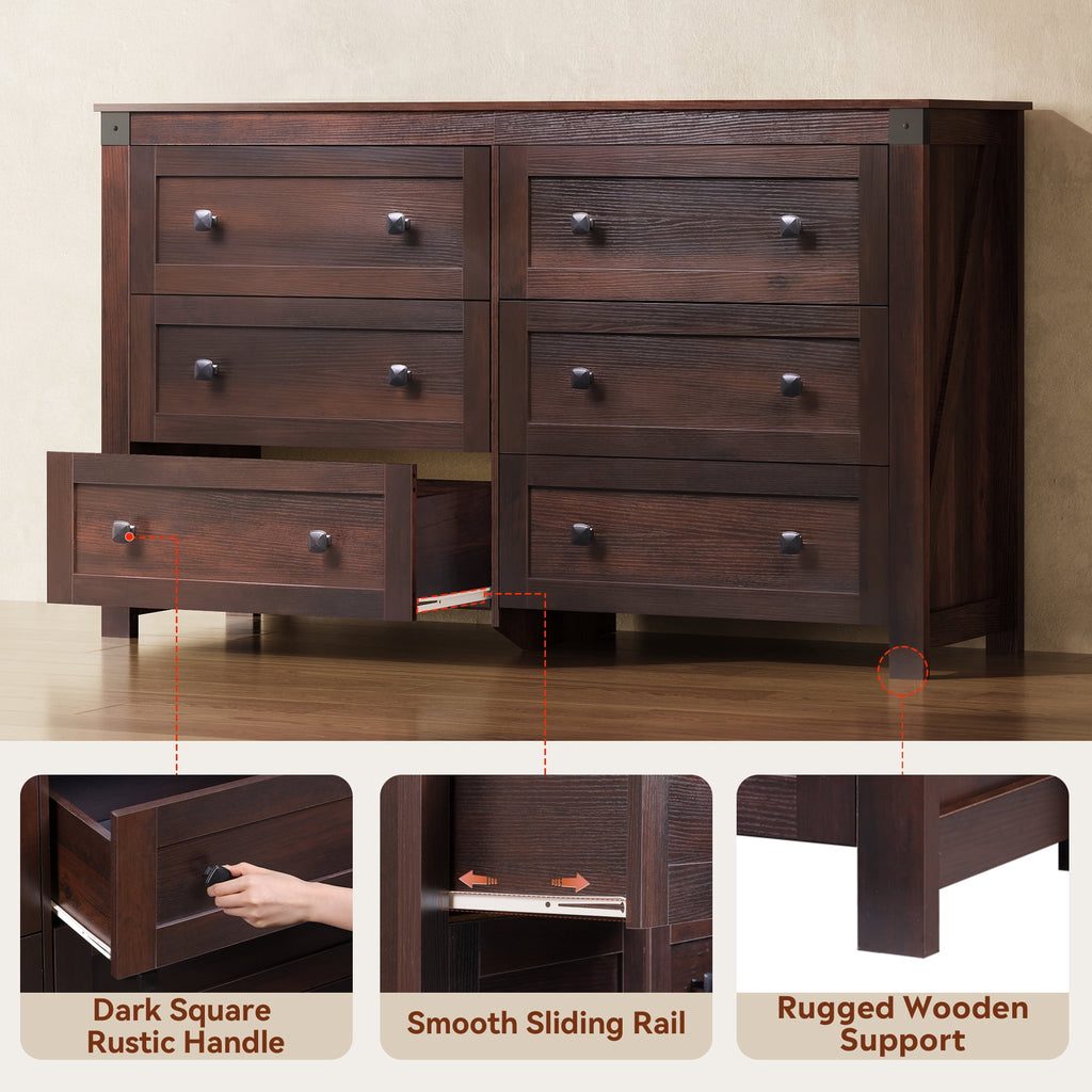 GALAXHERO Farmhouse 6 Drawer Dresser, Wood Dresser with Double Rustic Handles, TV Stand for 60" TV for Living Room, 53.07'' Wide Chest of Drawers for Bedroom, Hallway