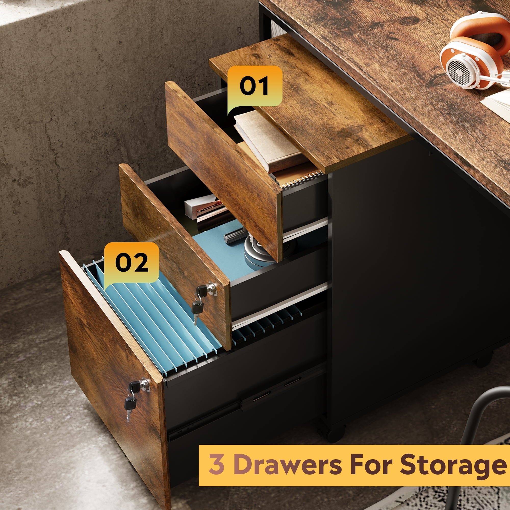GALAXHERO 3 Drawers Storage Cabinet with Lock, Rolling Wood File Cabinet, Vertical Filing Cabinet for Home Office, Fits Letter/A4