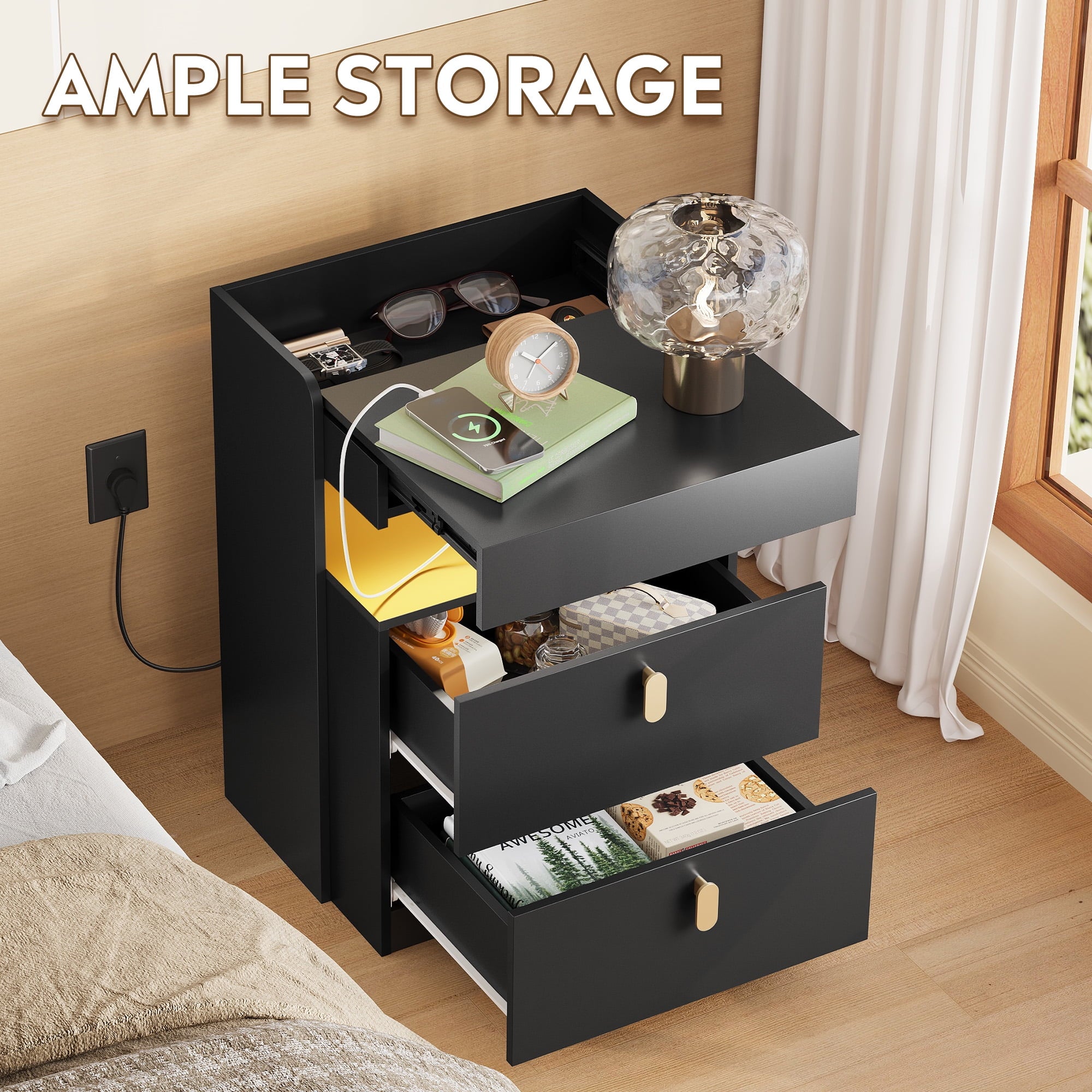 GALAXHERO 2 Drawer Nightstand with Charging Station and LED Lights, Modern Bedside Tables with Sliding Top for Bedroom, Wood End Table for Living Room