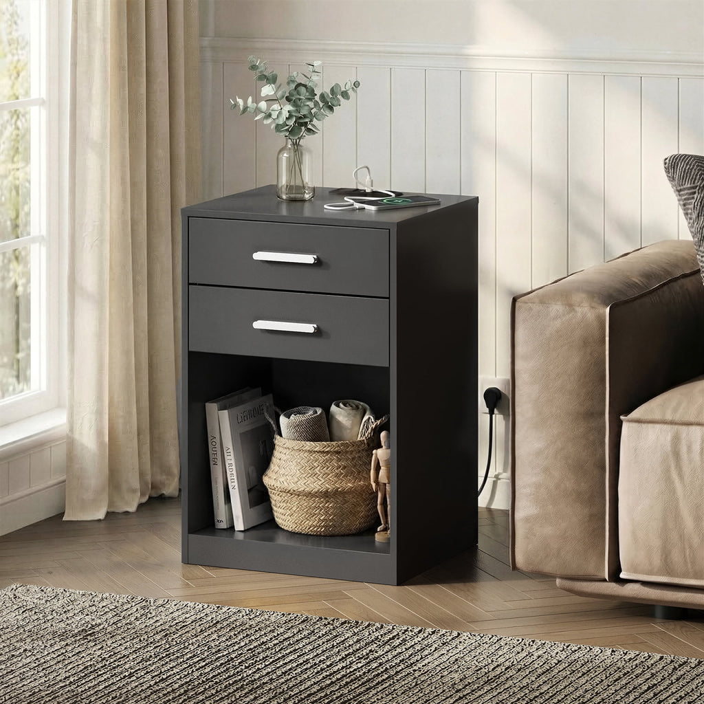 GALAXHERO Nightstand Set of 2 with Charging Station and 2 Drawers, Wood Bedside Table End Table with Open Shelf for Bedroom, Living Room
