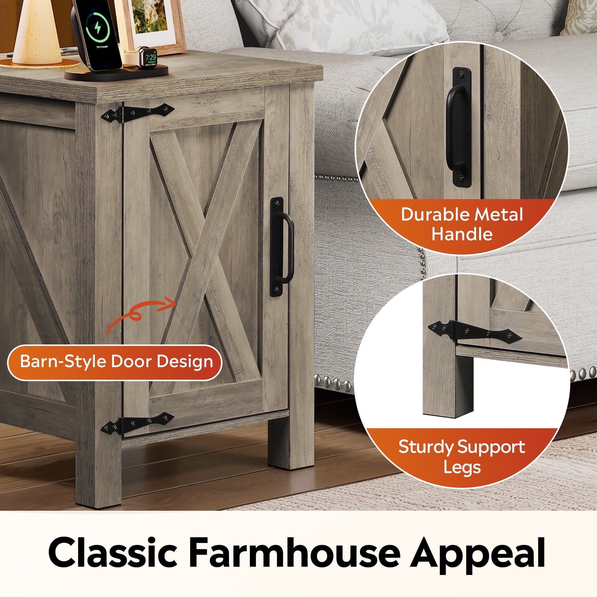 GALAXHERO Nightstand with Charging Station, Farmhouse Narrow Side Table with Barn Door, Wooden Bedside Table for Bedroom, End Tables for Living Room