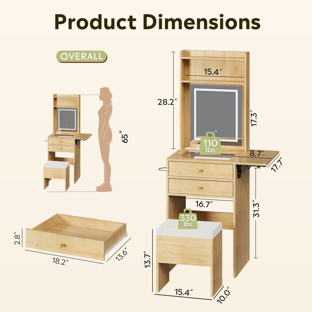 GALAXHERO Vanity Desk with Lighted Mirror and Glass Top, Makeup Vanity Chair with Storage, Fold-up Panel, 2 Drawers Dressing Table for Bedroom