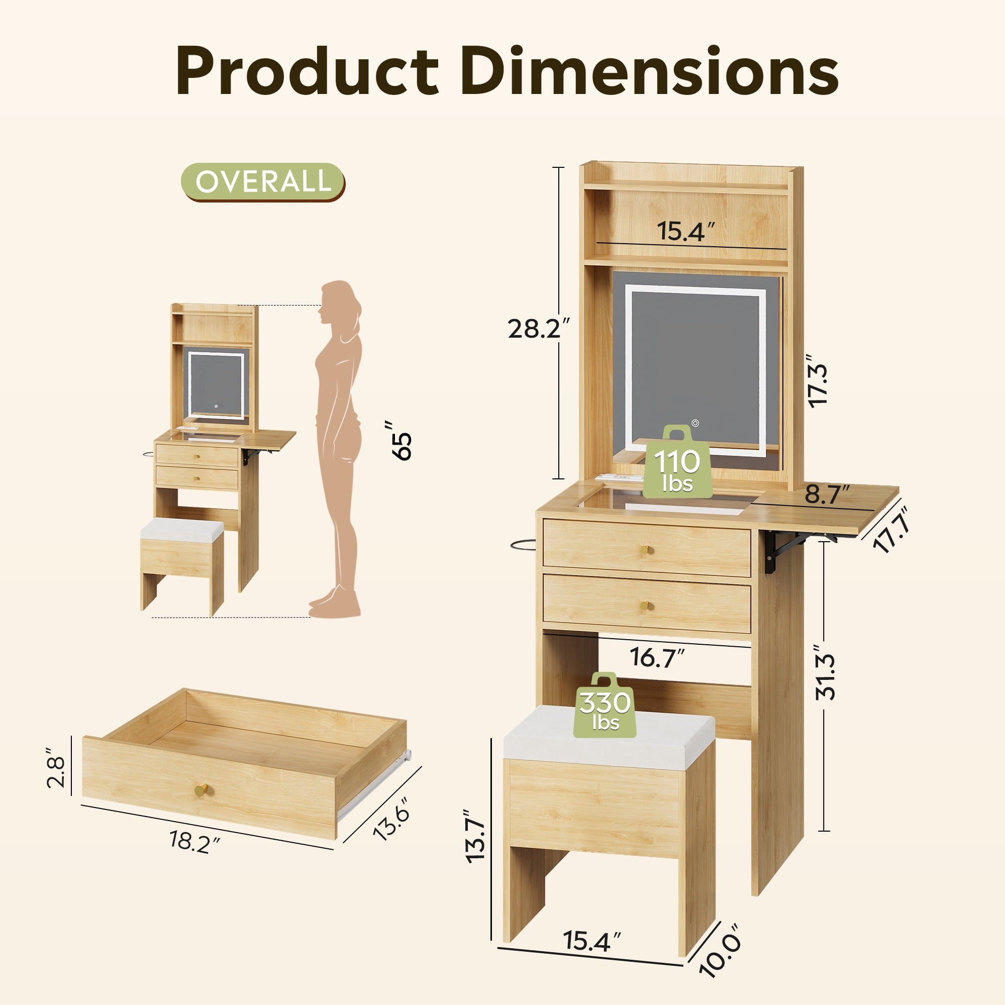 GALAXHERO Vanity Desk with Lighted Mirror and Glass Top, Makeup Vanity Chair with Storage, Fold-up Panel, 2 Drawers Dressing Table for Bedroom
