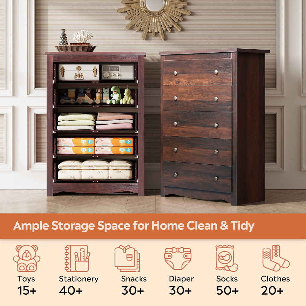 GALAXHERO 5 Drawer Dresser for Bedroom, Retro Wood Chest of Drawers, Tall Dresser with Round Metal Handle for Living Room, Hallway, Closet