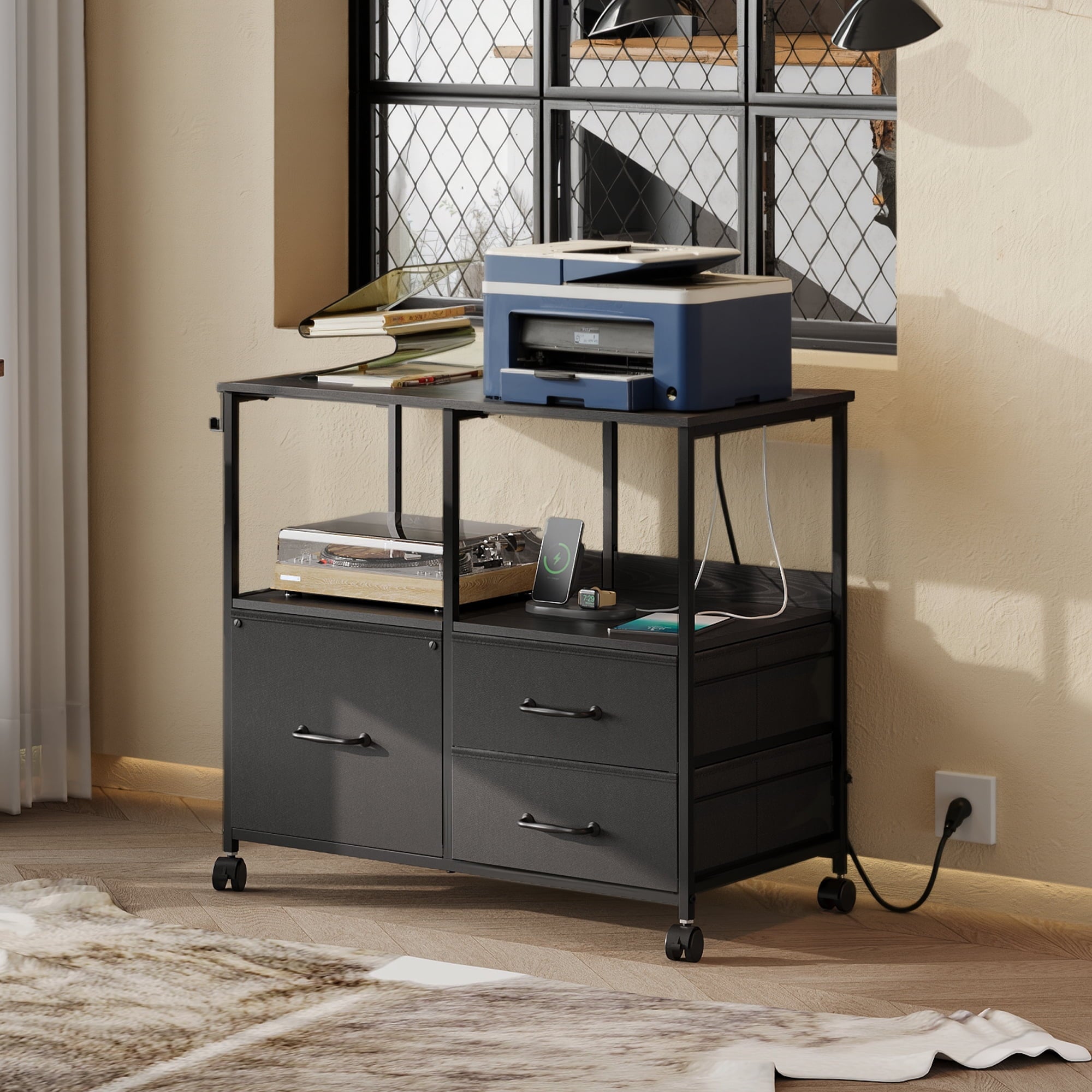 GALAXHERO 3 Drawer File Cabinet with Charging Station, Mobile Printer Stand with Storage Shelf for Home Office, Fit Letter/A4 Size, Wood Grain Print