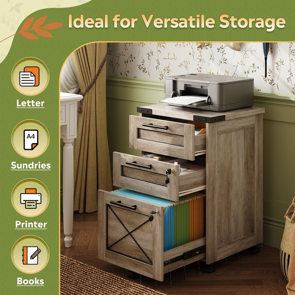 GALAXHERO File Cabinet 3 Drawers with Lock, Under Desk Filing Cabinets, Mobile Printer Stand for Home Office, Wood Storage Organizer Fit Letter/A4 Size