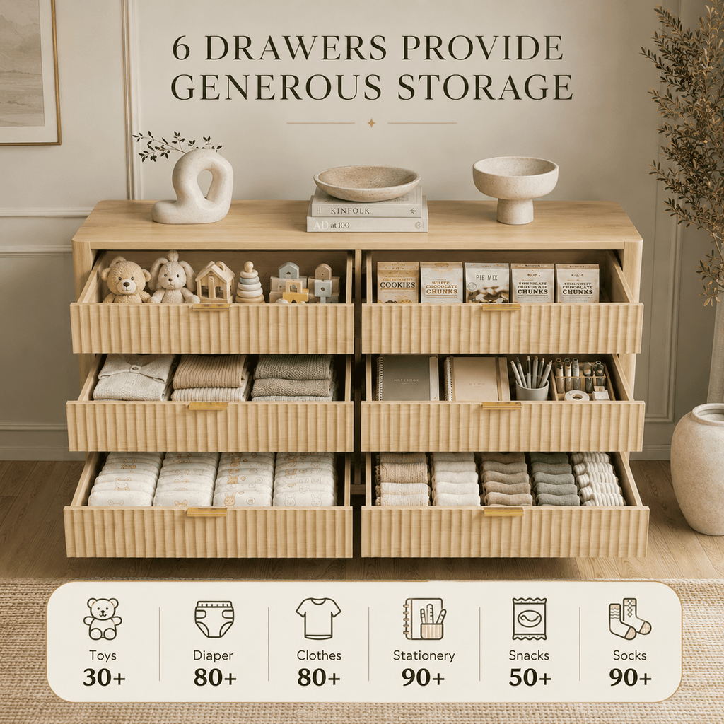GALAXHERO 6 Drawer Dresser for Bedroom, Wide Chest of Drawers, Fluted Wood Dresser, TV Stand for 55 inch TV, Storage Cabinet for Living Room, Hallway