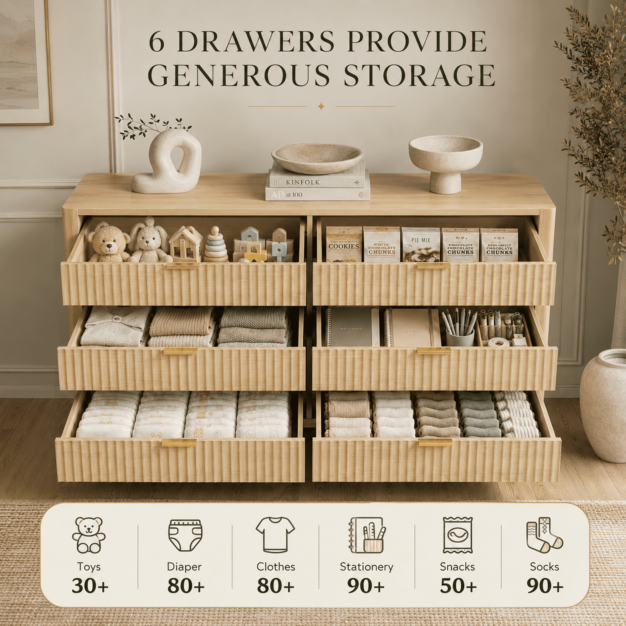 GALAXHERO 6 Drawer Dresser for Bedroom, Wide Chest of Drawers, Fluted Wood Dresser, TV Stand for 55 inch TV, Storage Cabinet for Living Room, Hallway